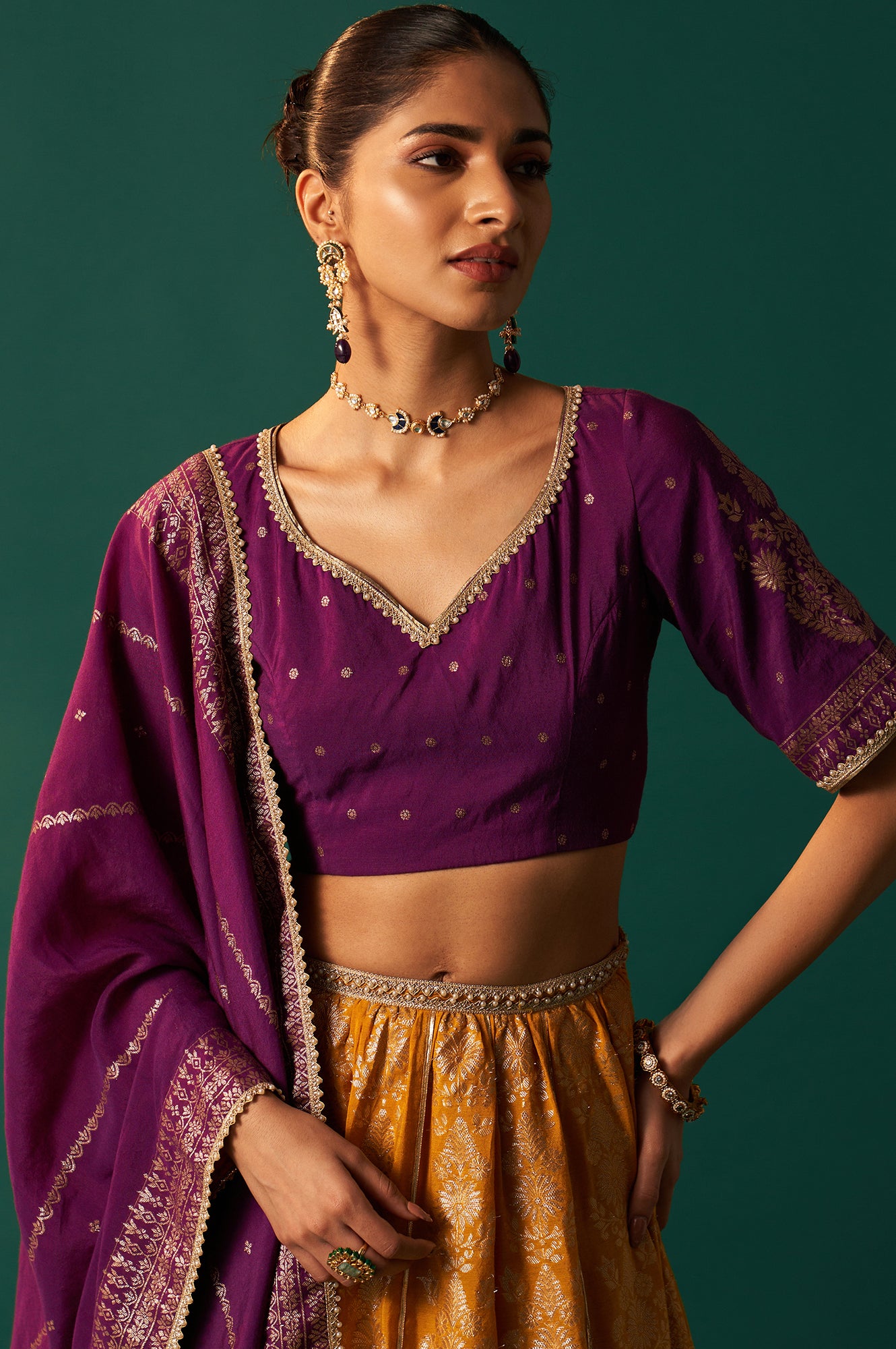 Purple Embroidered Chanderi Jacquard Blouse with Flared Skirt and Dupatta Set