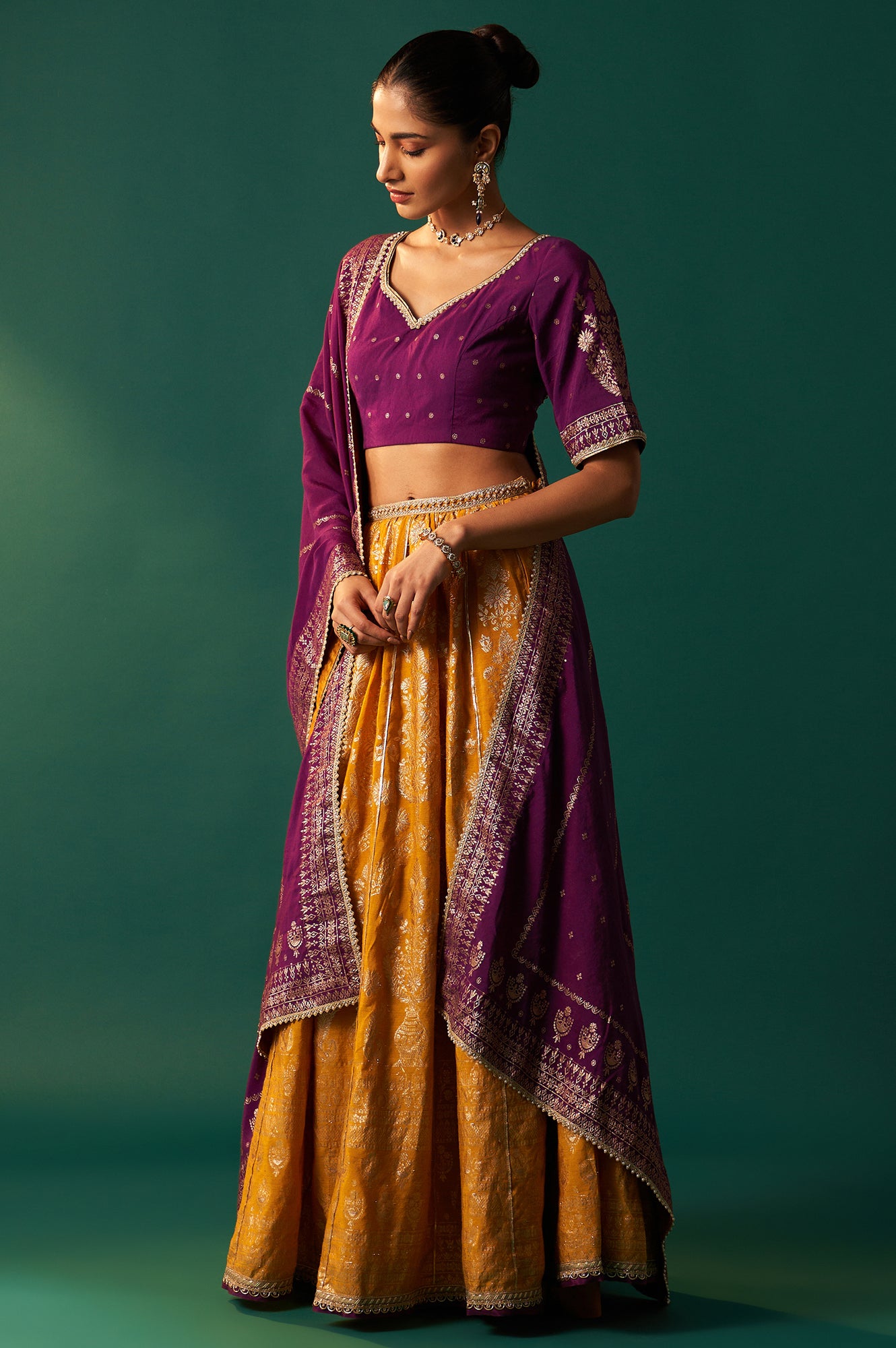 Purple Embroidered Chanderi Jacquard Blouse with Flared Skirt and Dupatta Set