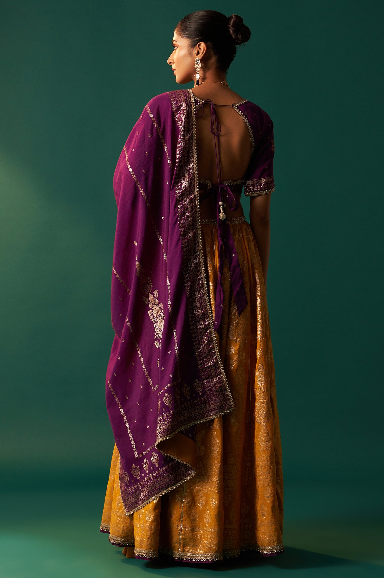 Purple Embroidered Chanderi Jacquard Blouse with Flared Skirt and Dupatta Set