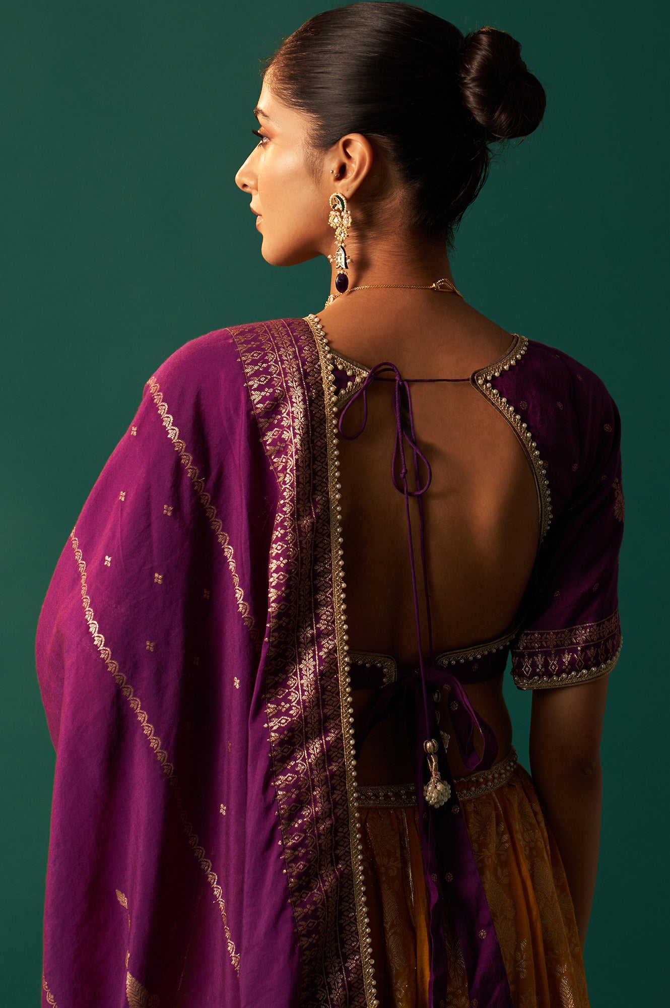 Purple Embroidered Chanderi Jacquard Blouse with Flared Skirt and Dupatta Set