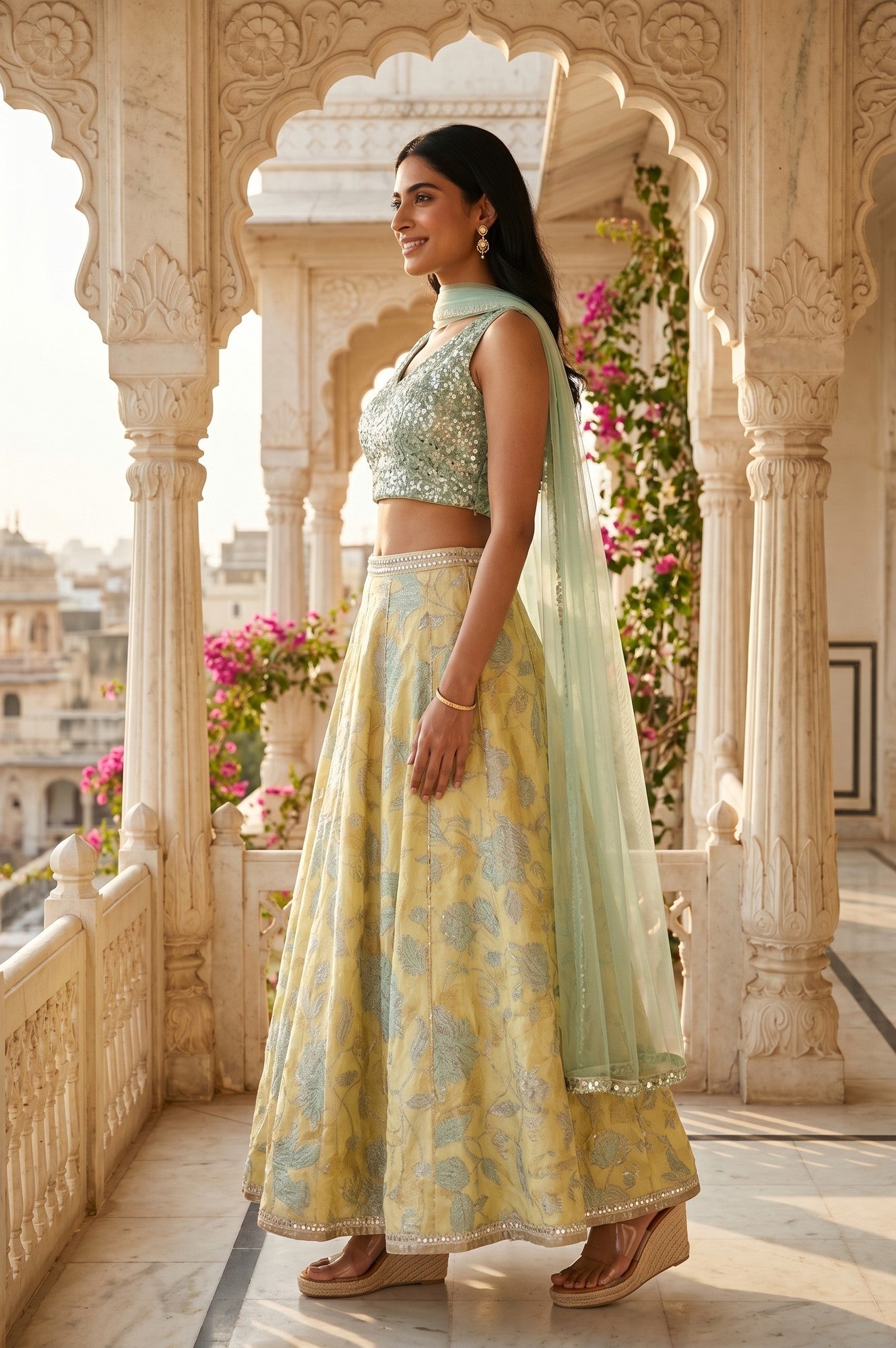 Mint Green Embroidered Blouse And Lehenga Set With Dupatta