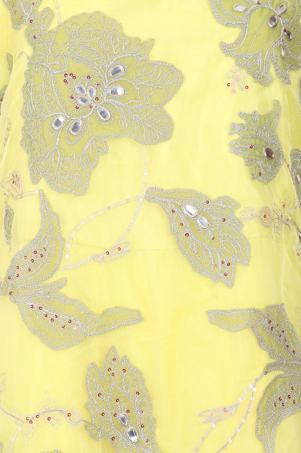 Wishful Yellow Zari Embroidered Organza Sleeveless Flared Kurta with Churidar and Dupatta Set