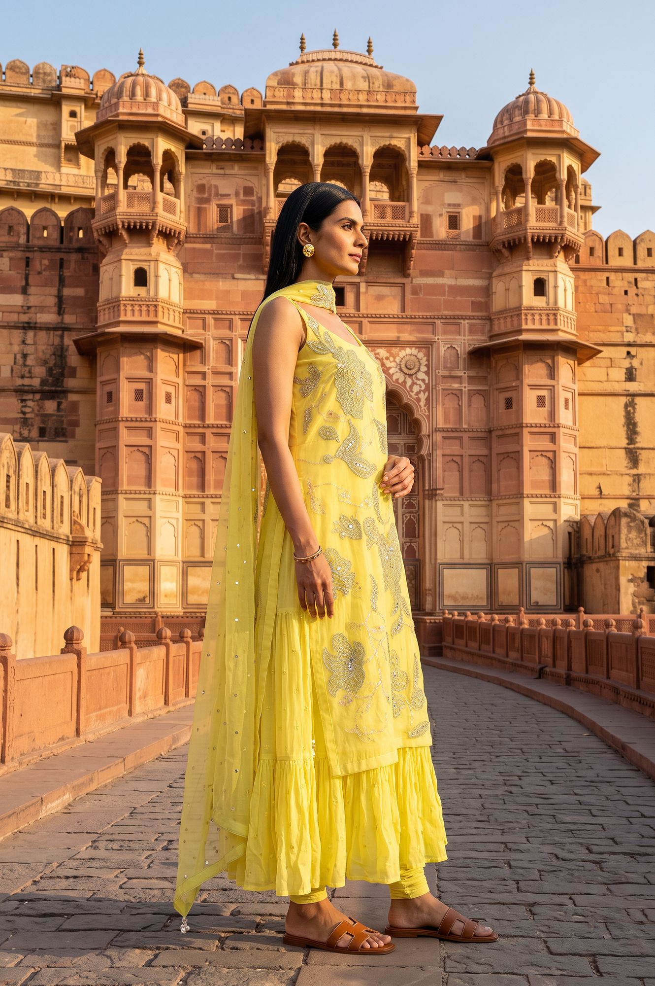 Wishful Yellow Zari Embroidered Organza Sleeveless Flared Kurta with Churidar and Dupatta Set