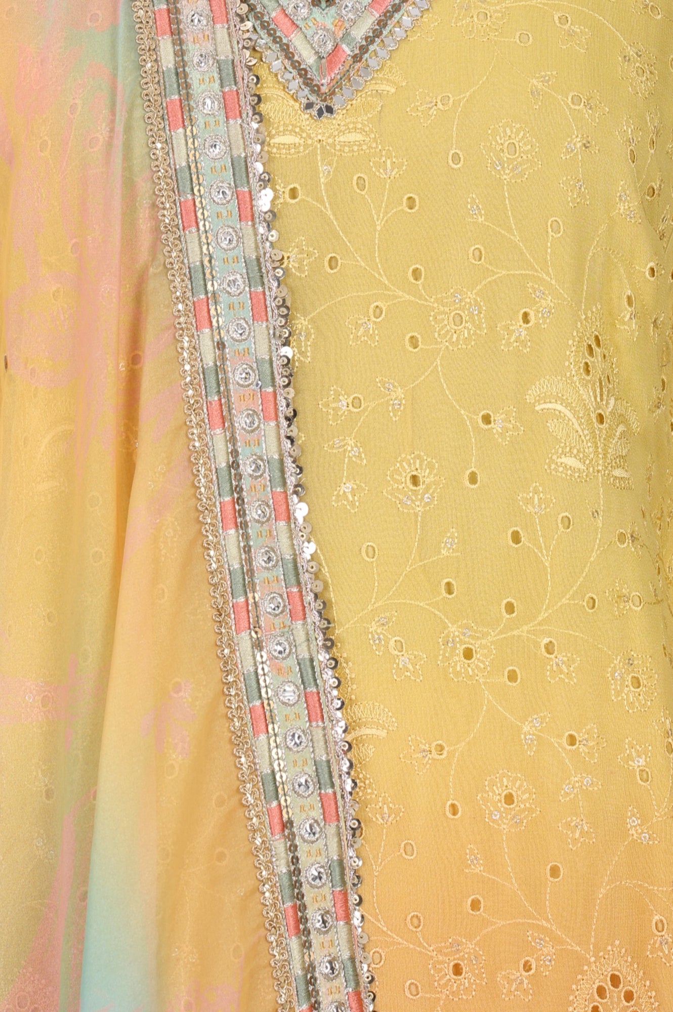 Yellow Ombre Thread Embroidered Georgette Straight Kurta with and Dupatta Set