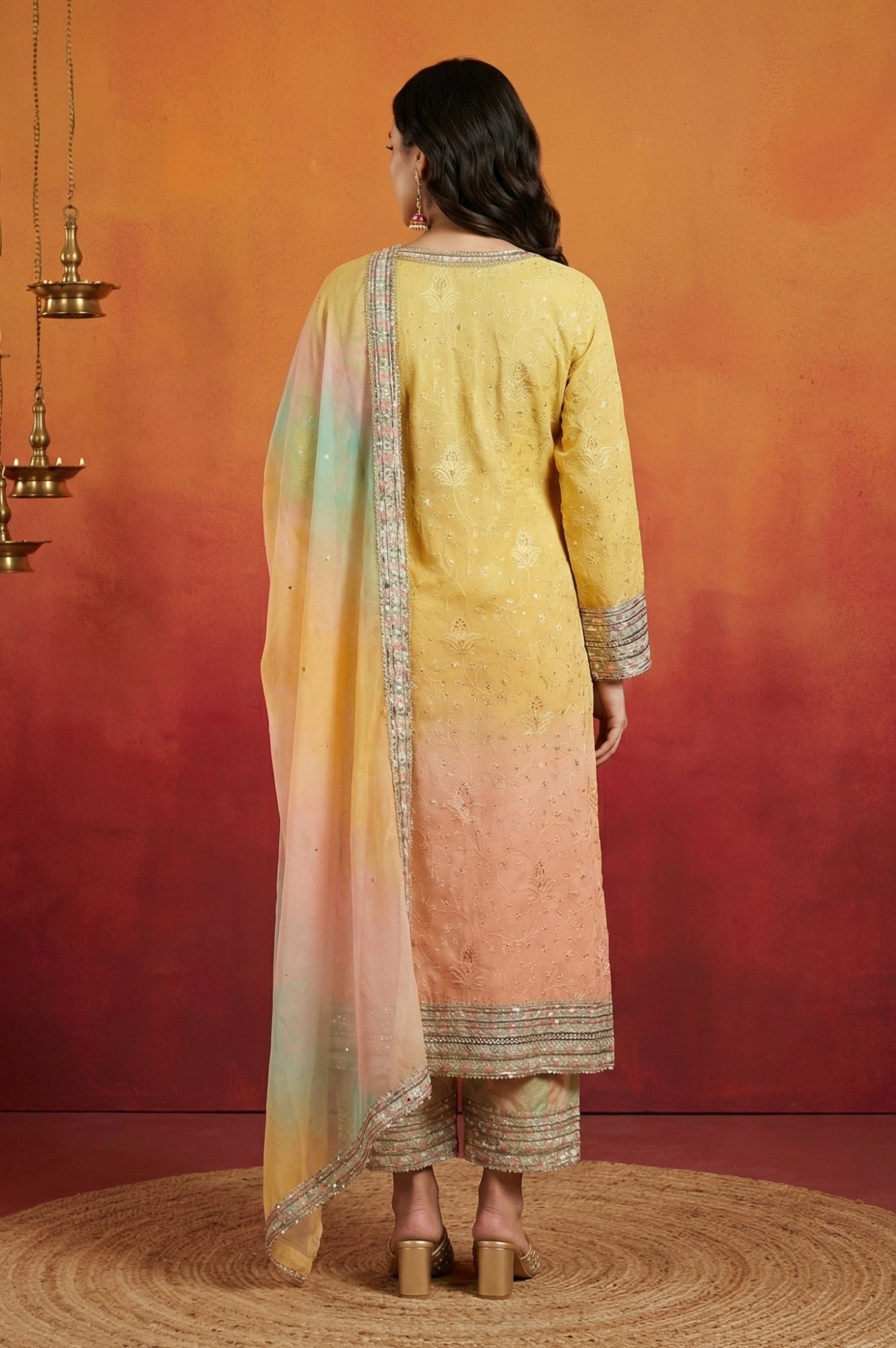Yellow Ombre Thread Embroidered Georgette Straight Kurta with and Dupatta Set