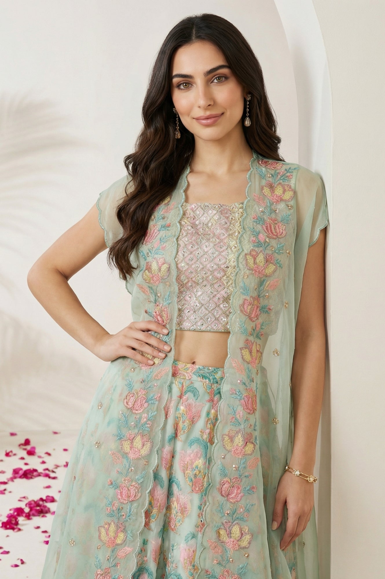 Sea Green Embroidered Blouse with Printed Flared Skirt and Embroidered Jacket Set