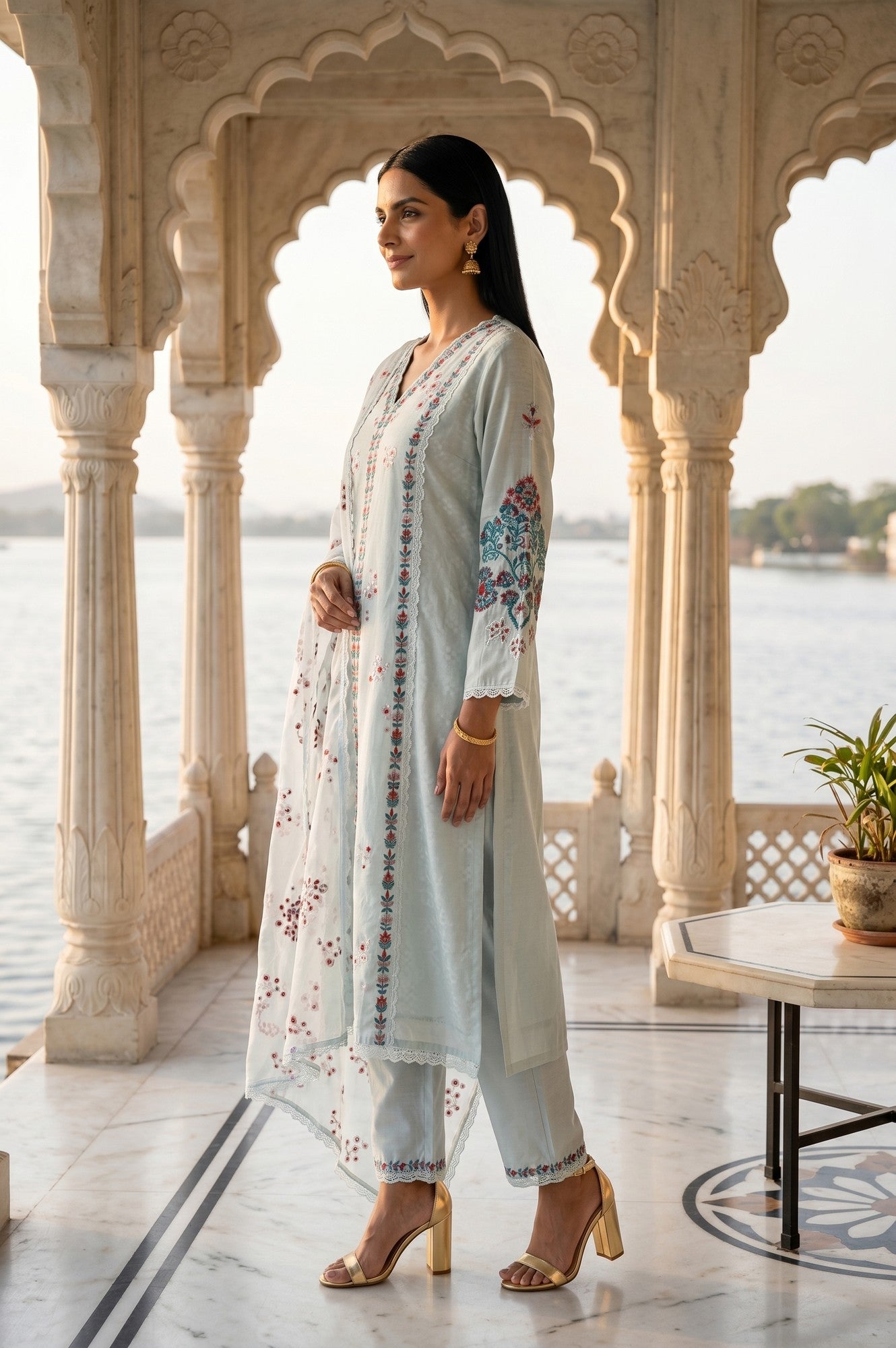 Blue Embroidered Chanderi Jacquard Straight Kurta With Pants And Dupatta Set