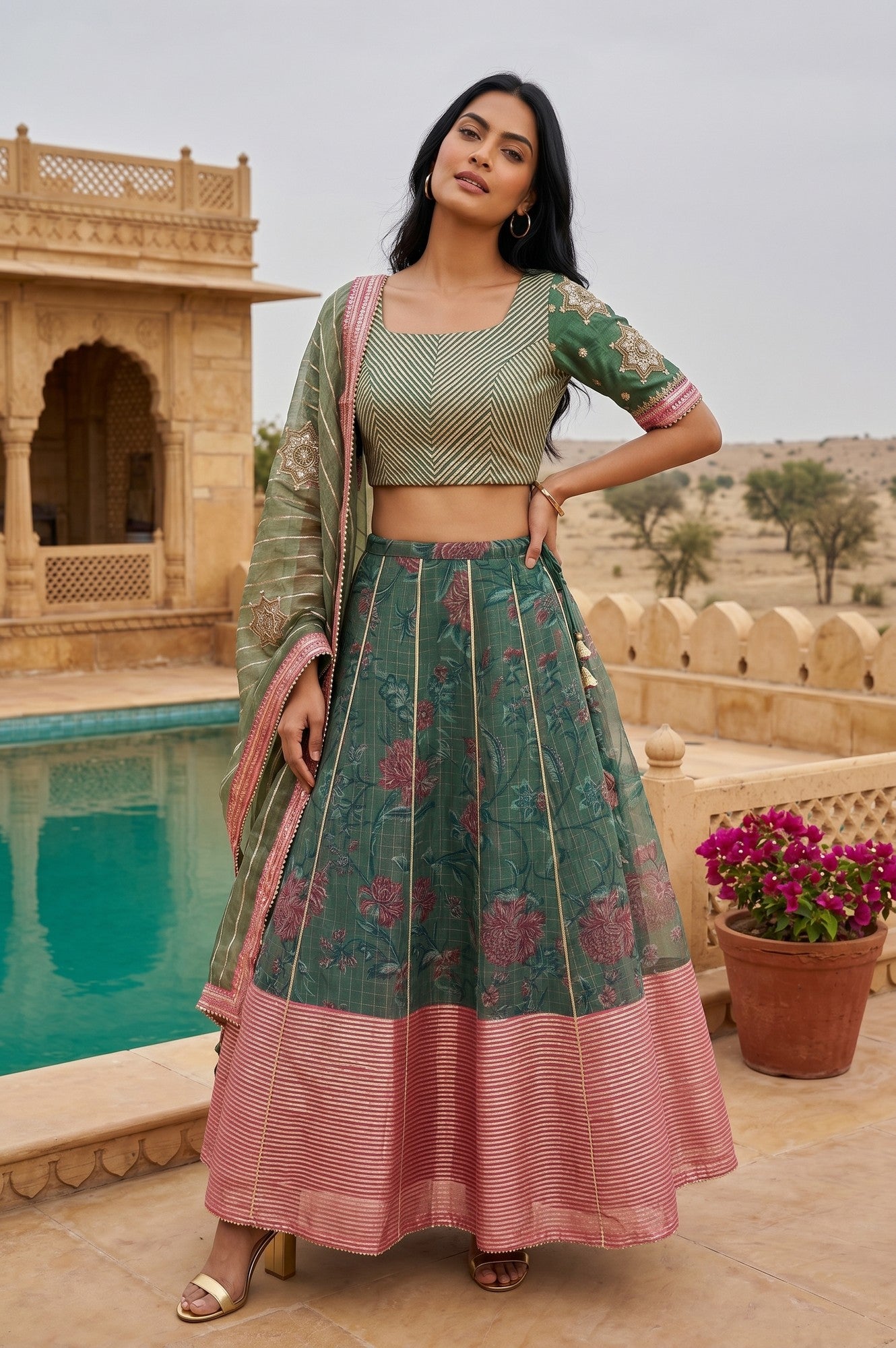 Green Embroidered Gota Patti Blouse And Lehenga Set With Dupatta