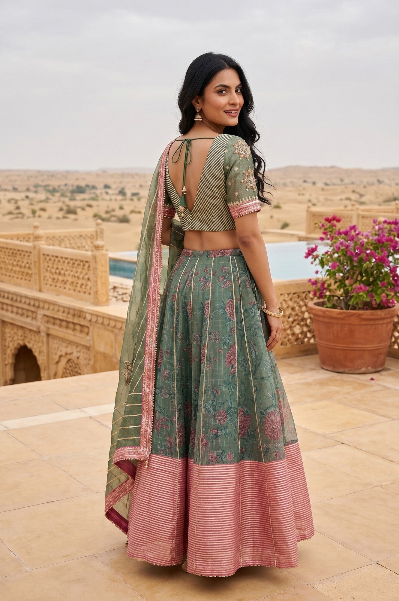 Green Embroidered Gota Patti Blouse And Lehenga Set With Dupatta