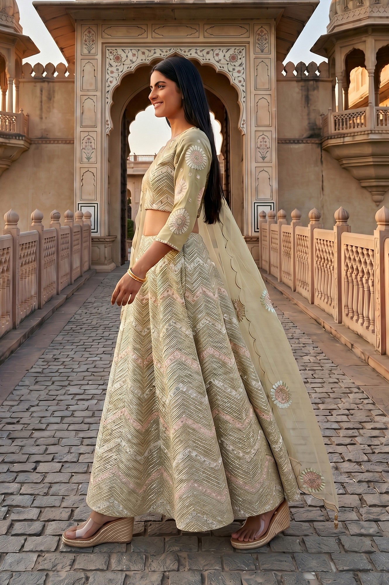 Green Zari Embroidered Blouse And Lehenga Set With Dupatta