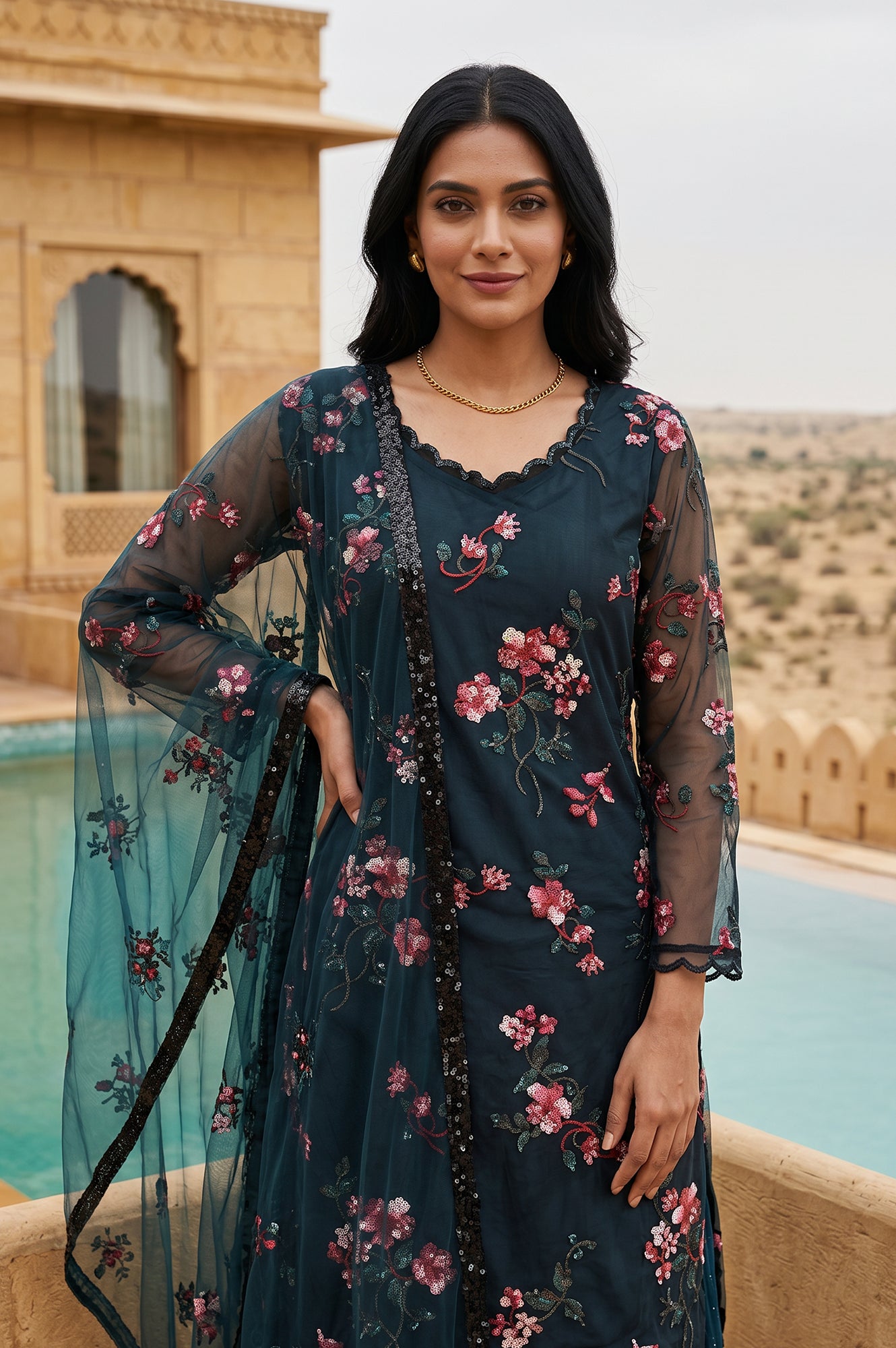 Teal Embroidered Straight Mesh Kurta With Culottes and Dupatta Set