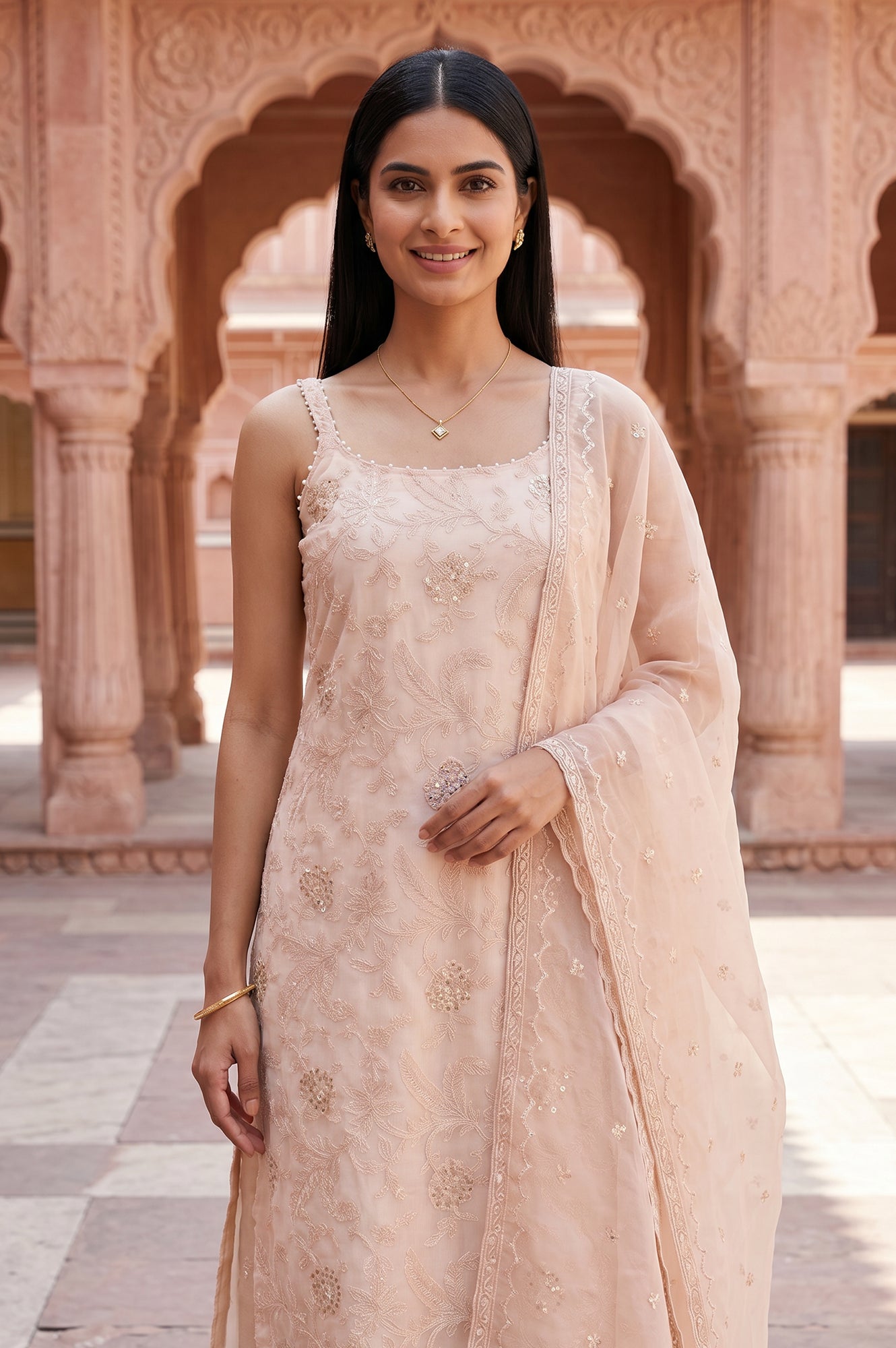 Beige Embroidered Organza Straight Kurta With Parallel Pants and Dupatta Set