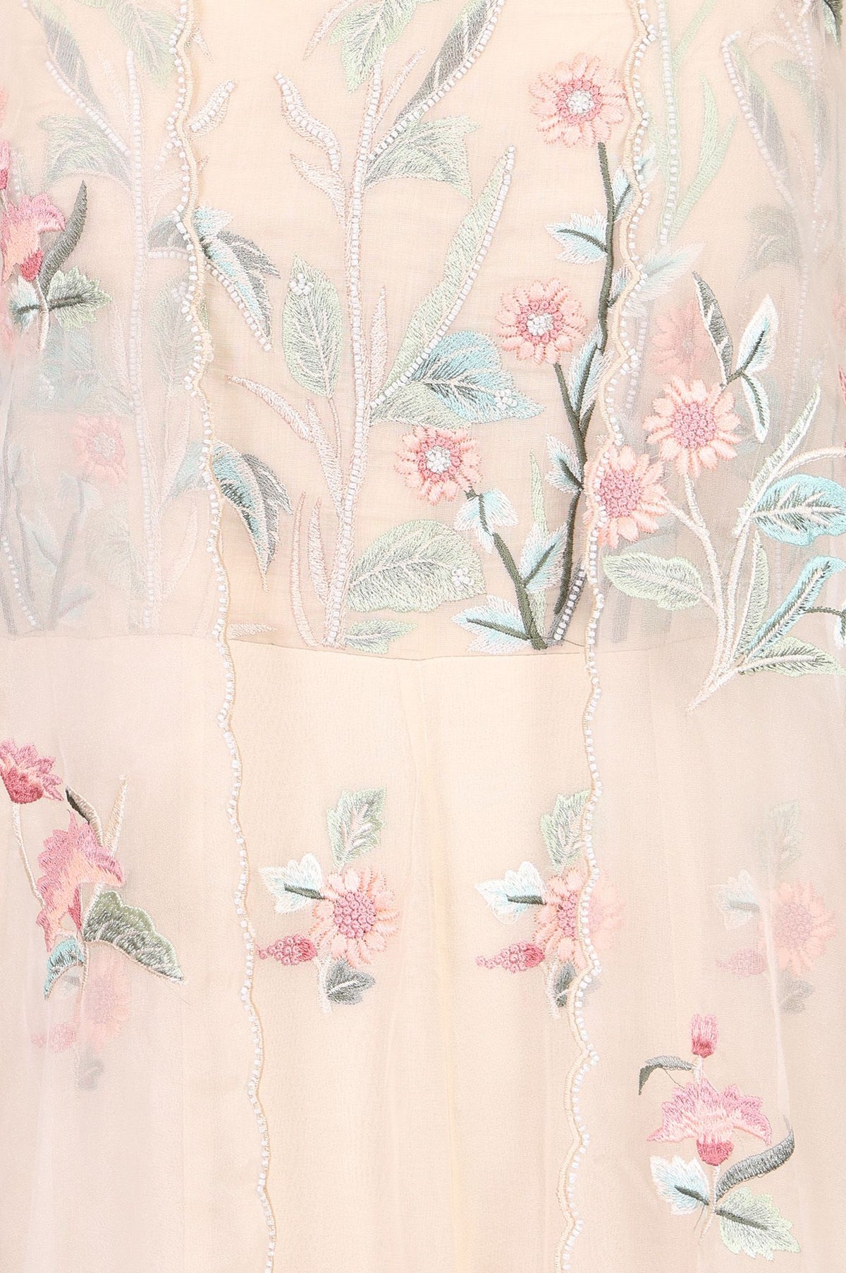 Light Beige Floral Printed Embroidered Organza A-line Western Dress