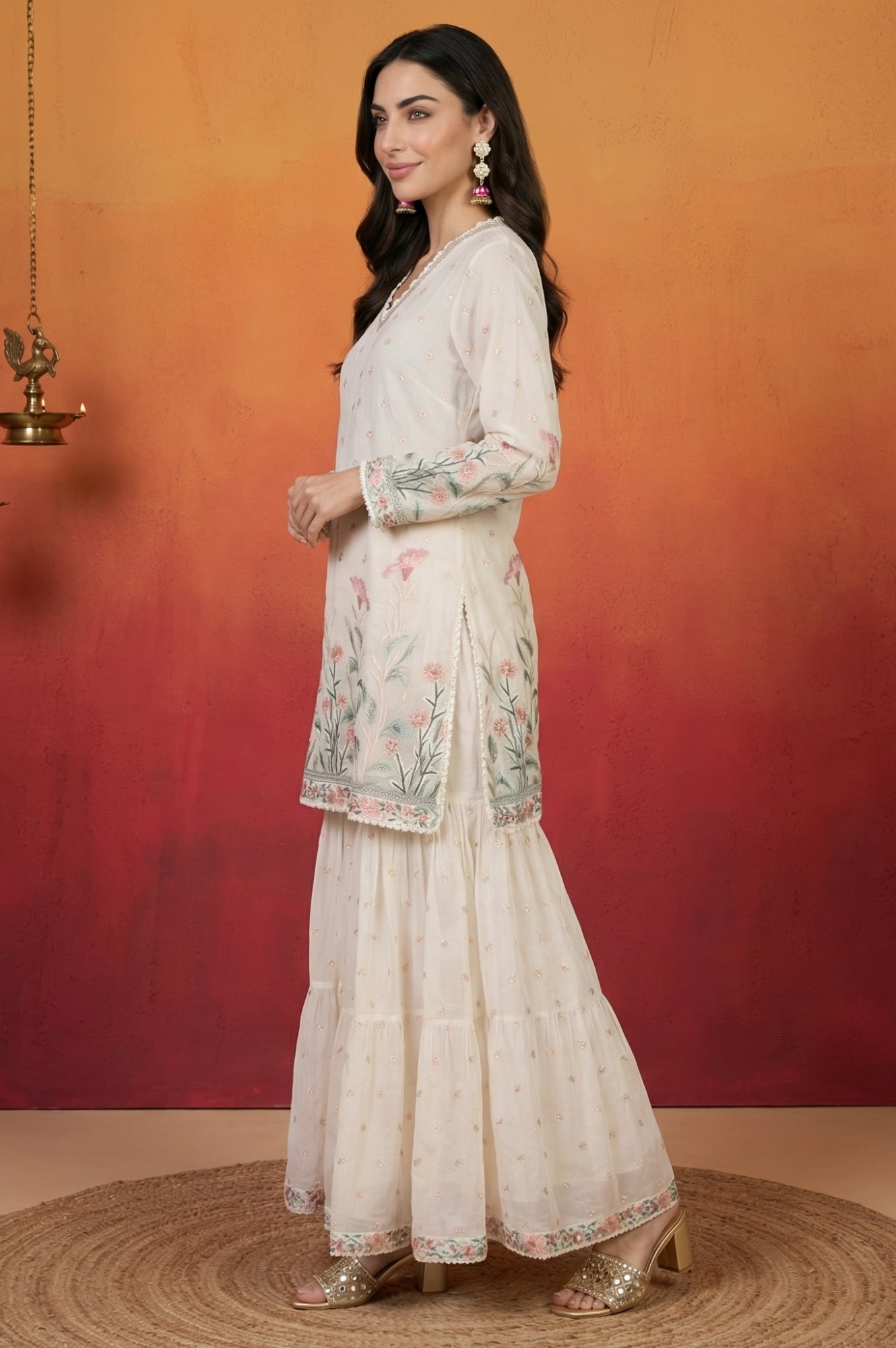 Off White Thread Embroidered Chanderi Straight Kurta with Sharara and Dupatta Set