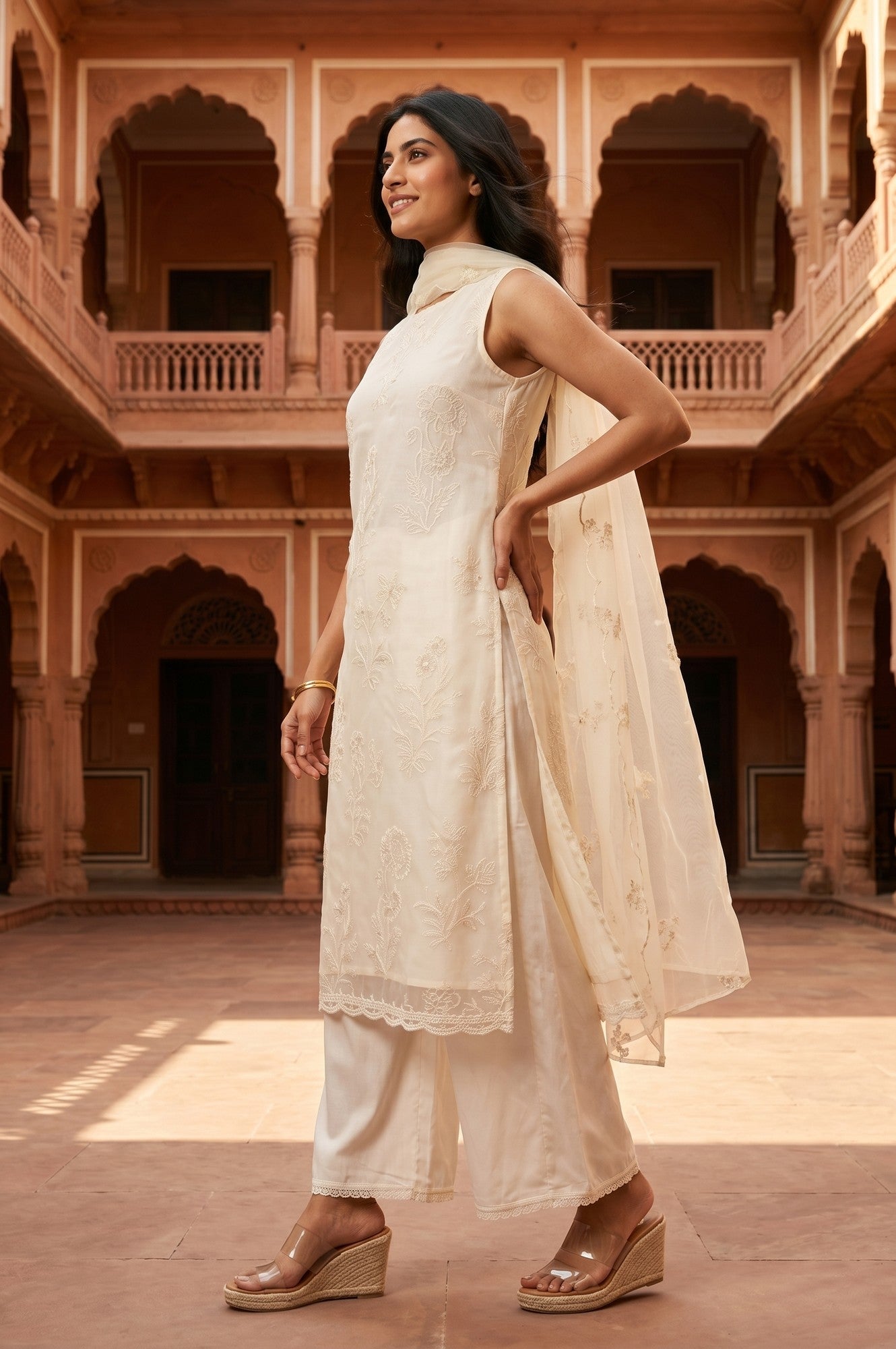 Off White Thread Embroidered Straight Kurta With Palazzo And Dupatta Set