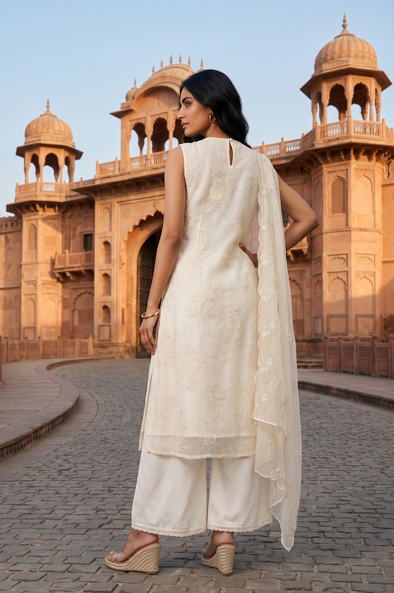 Off White Thread Embroidered Straight Kurta With Palazzo And Dupatta Set