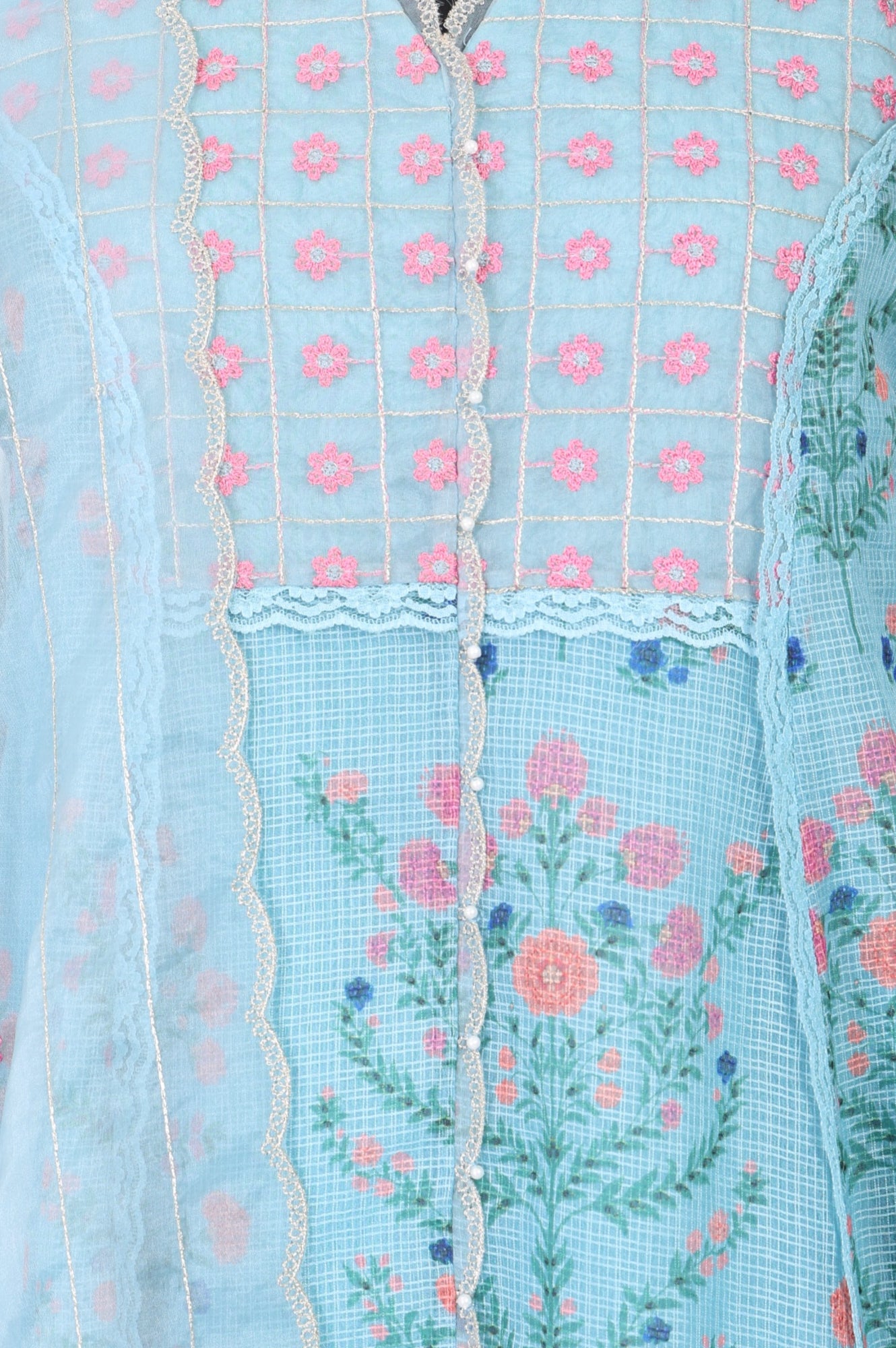 Turquoise Blue Floral Printed Lace Cotton Anarkali Kurta with Pants and Dupatta Set