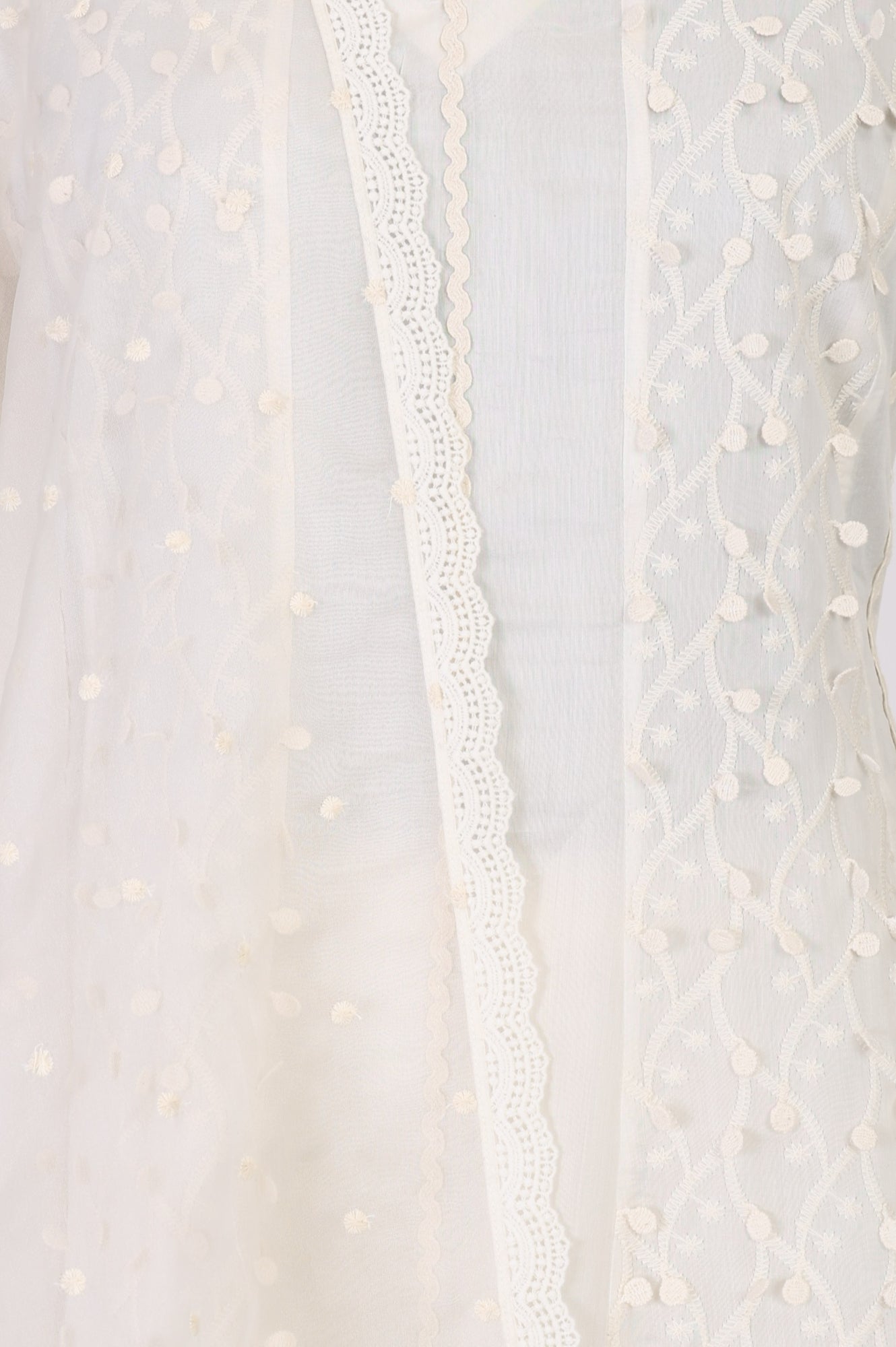 Off White Thread Embroidered Anarkali Kurta with Churidar and Dupatta Set