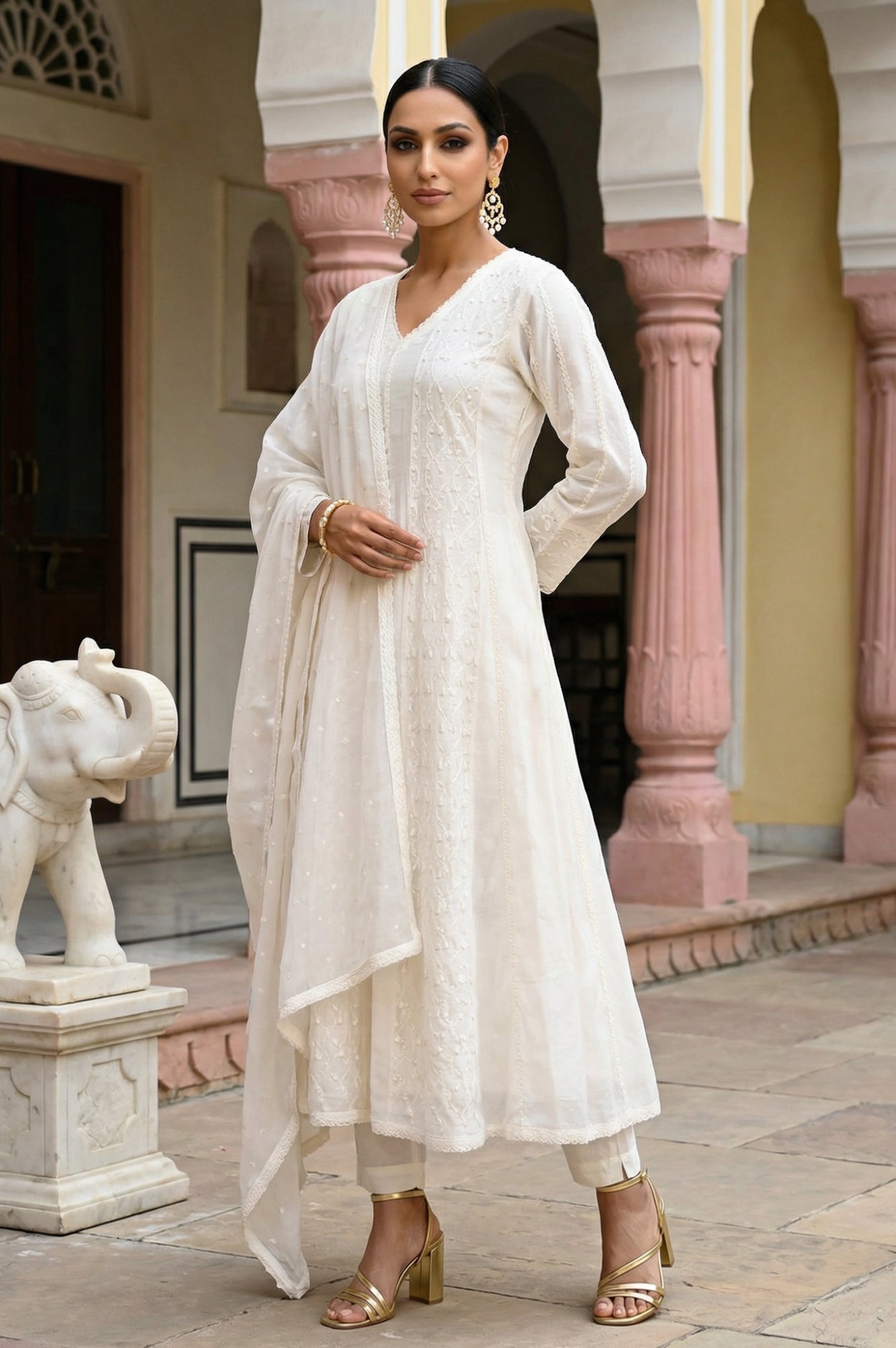 Off White Thread Embroidered Anarkali Kurta with Churidar and Dupatta Set