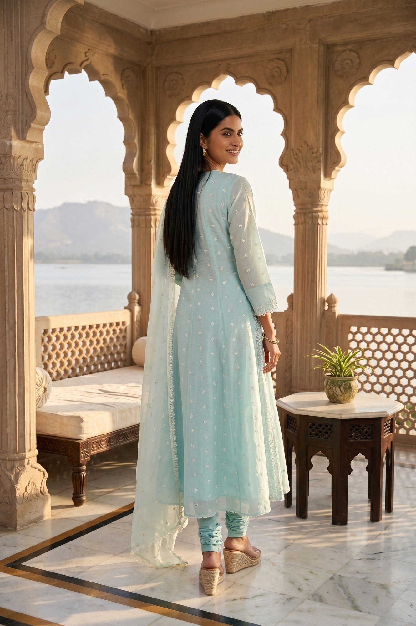 Light Blue Thread Embroidered Anarkali Kurta With Churidar And Dupatta Set