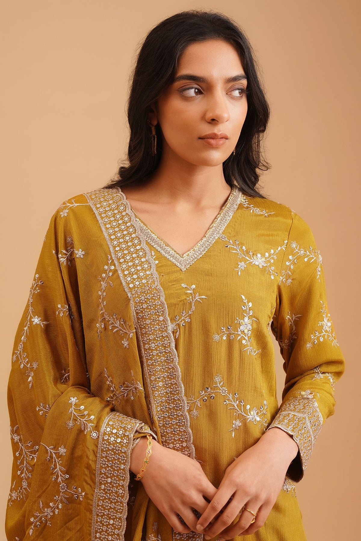 Mustard Sequins Thread Embroidered Chinon Straight Kurta with Sharara and Dupatta Set