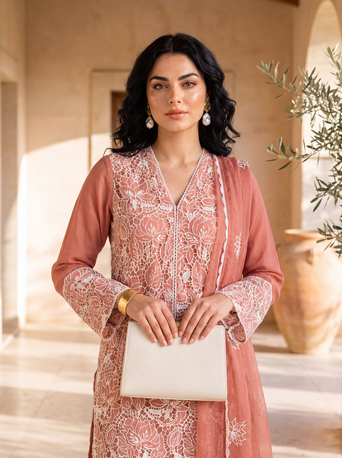 Peach Floral Thread Embroidered Chinon Straight Kurta with Straight Pants and Dupatta Set