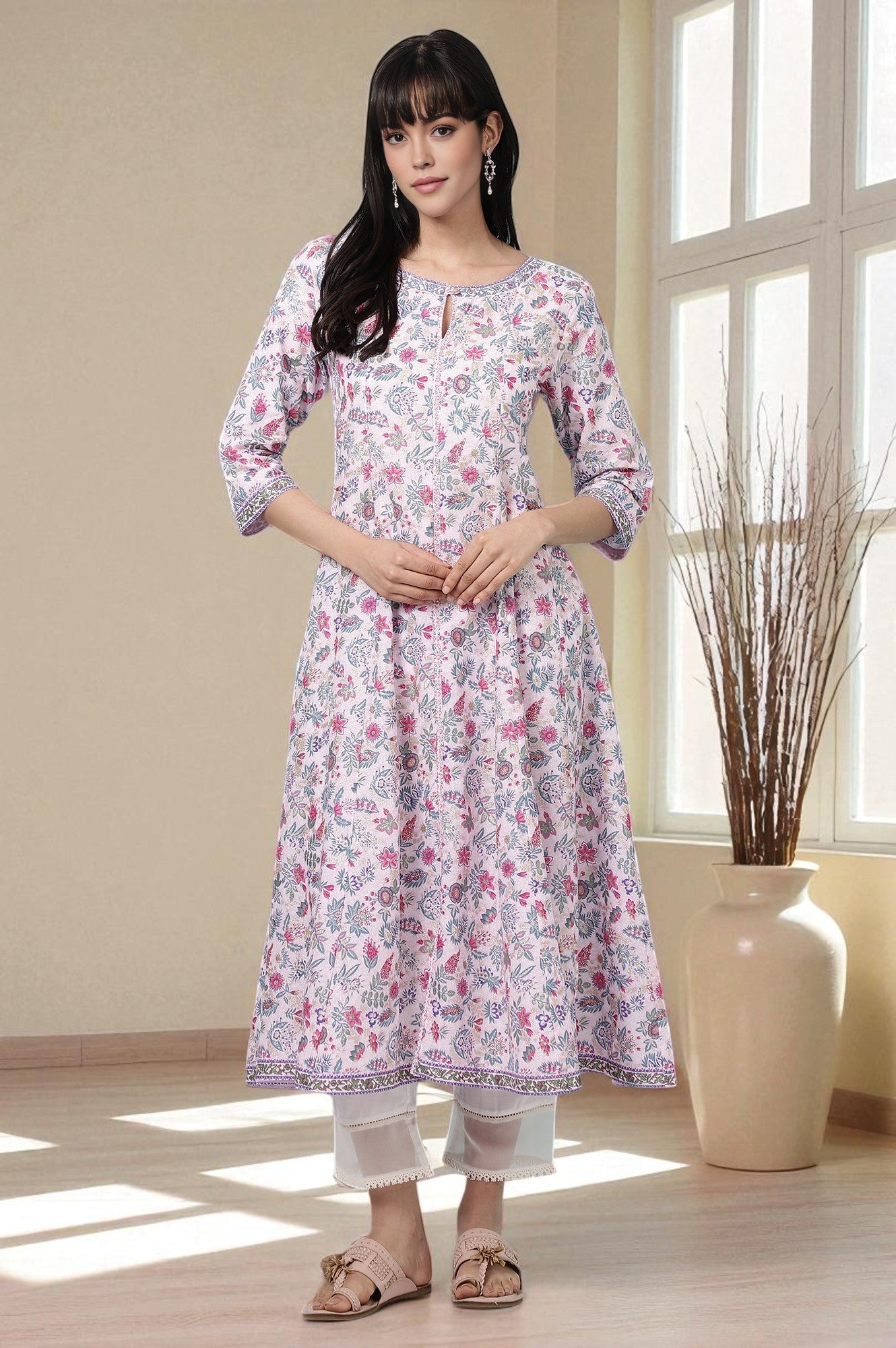 Pink Floral Glitter Printed Pure Cotton Anarkali Kurta