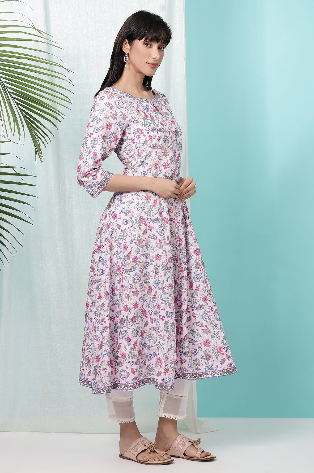 Pink Floral Glitter Printed Pure Cotton Anarkali Kurta