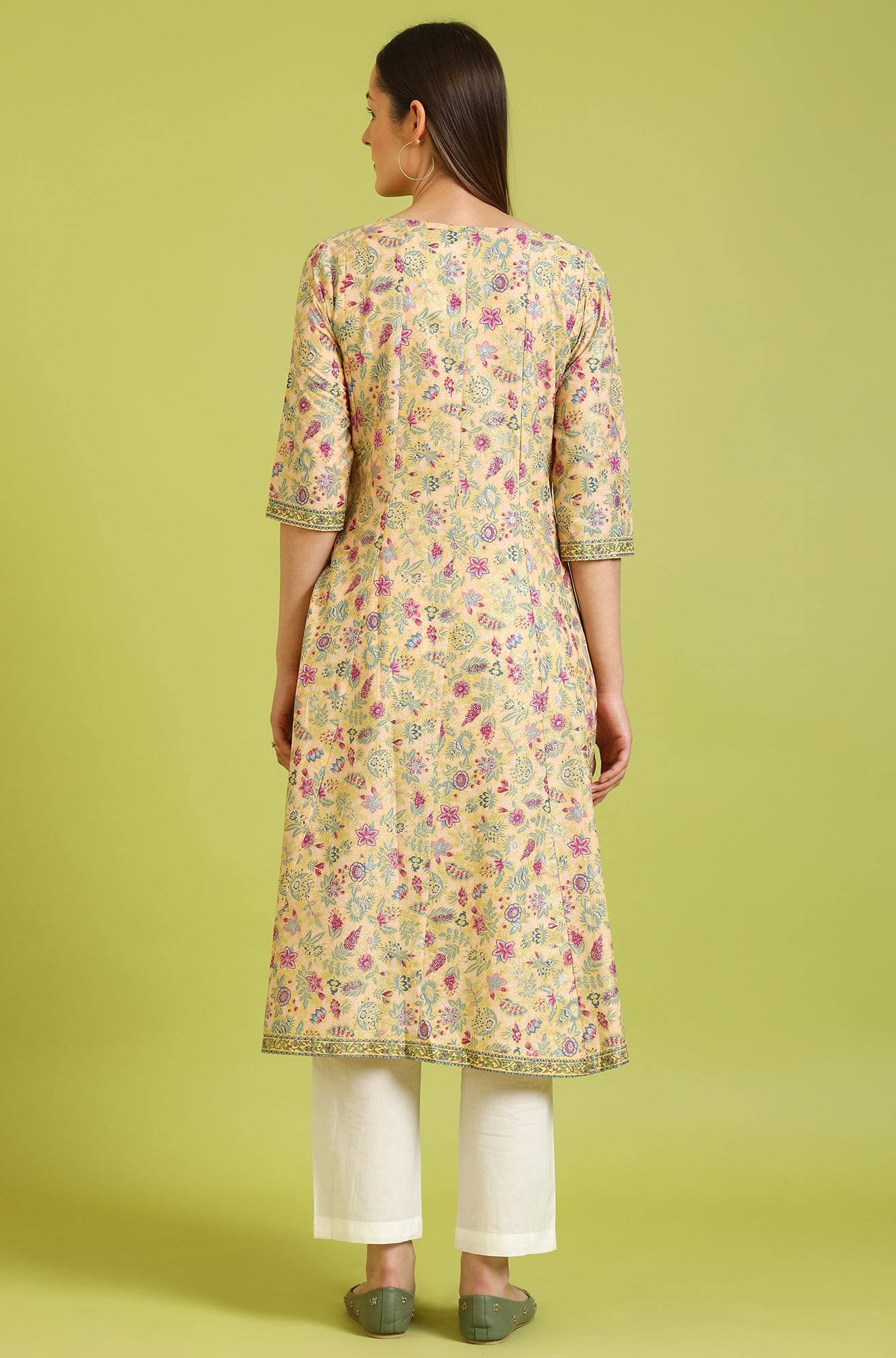 Yellow Floral Glitter Printed Pure Cotton Anarkali Kurta