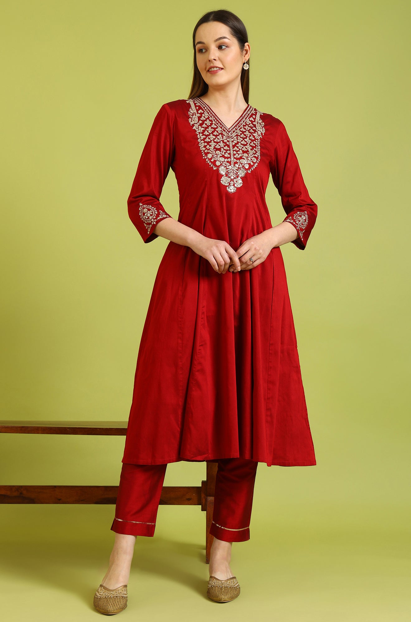 Dark Red Zari Embroidered Anarkali Kurta