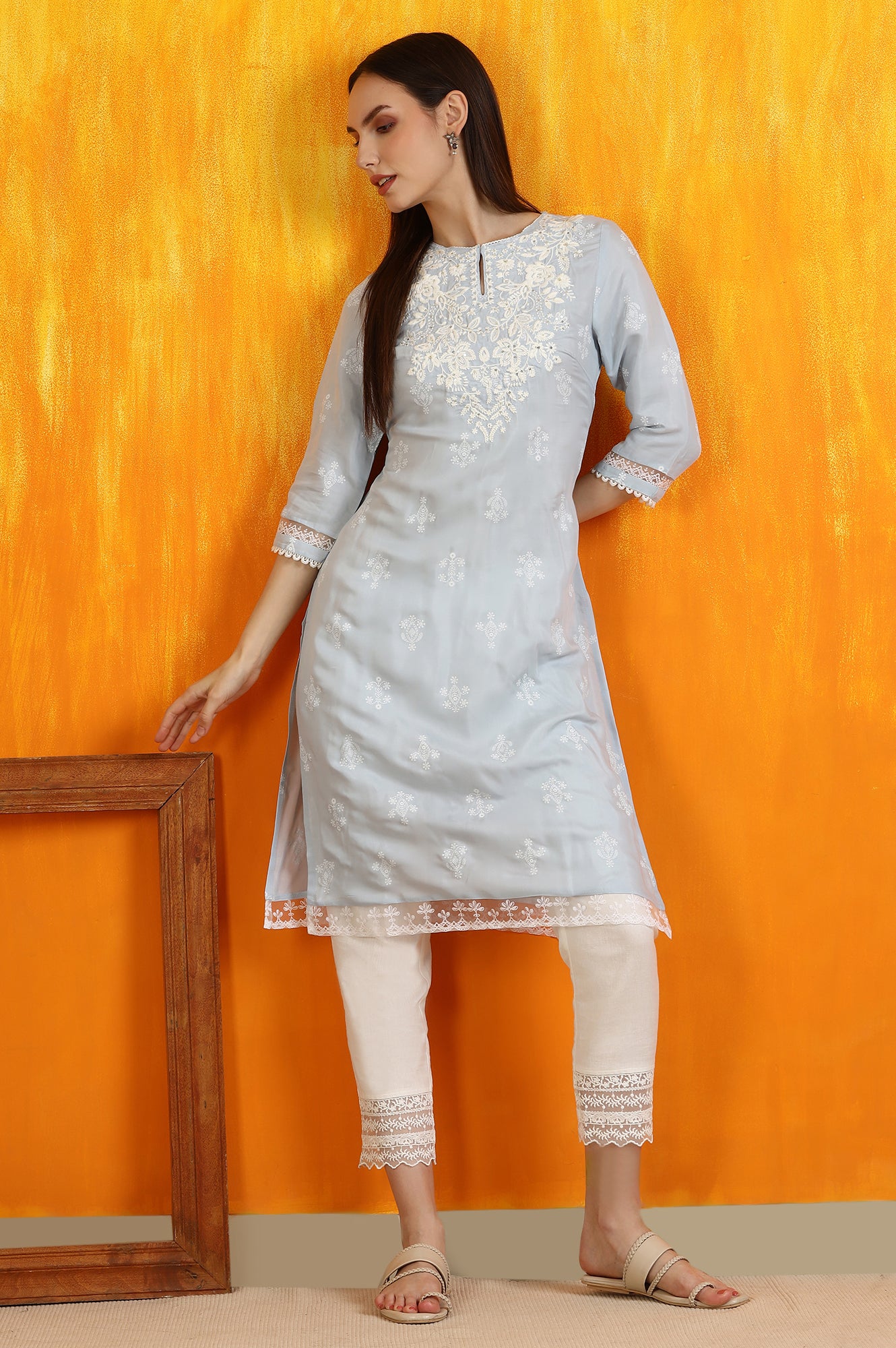Powder Blue Embroidered Dull Shantung Straight Kurta