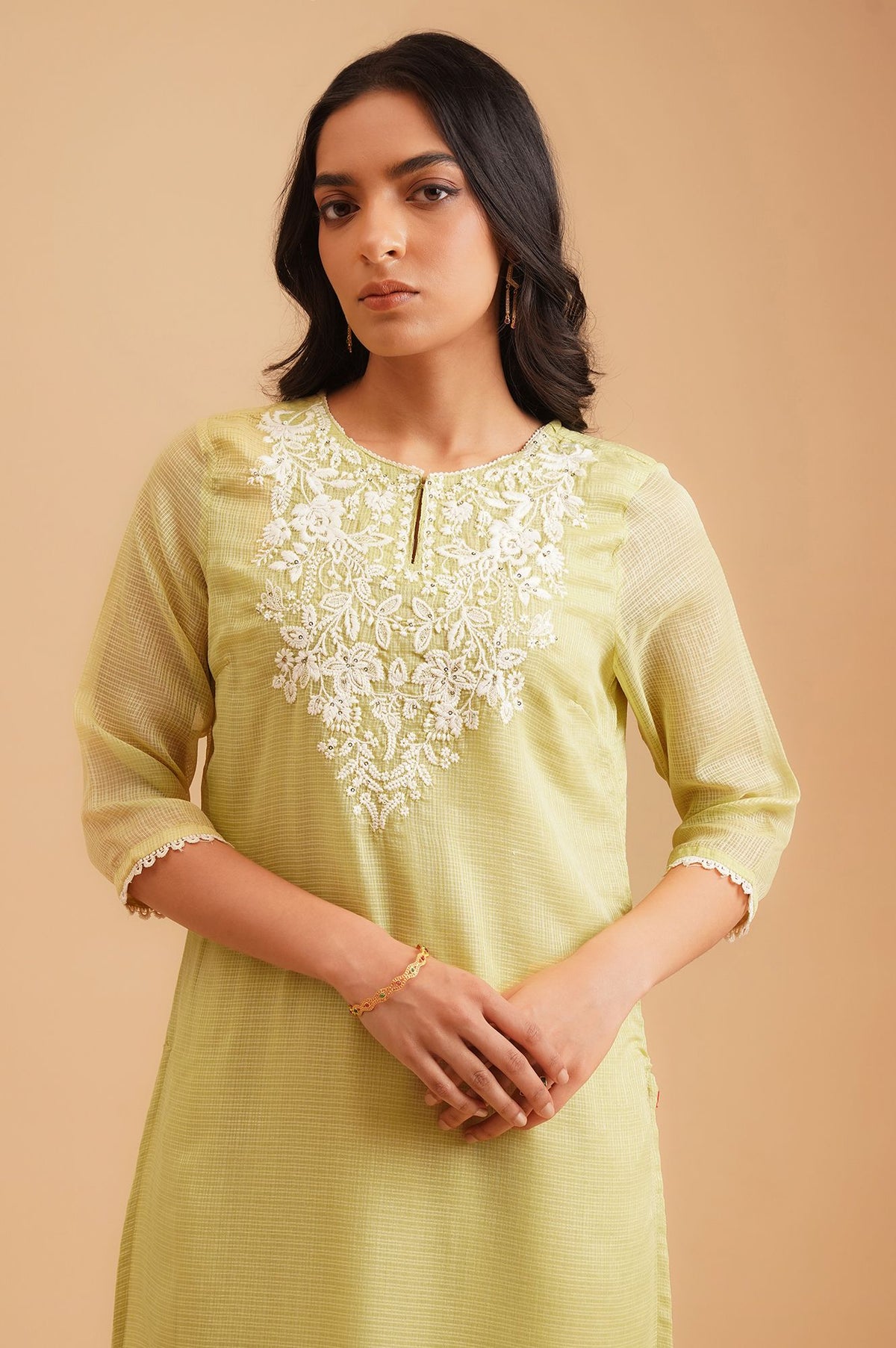 Lime Green Embroidered Kota Straight Kurta