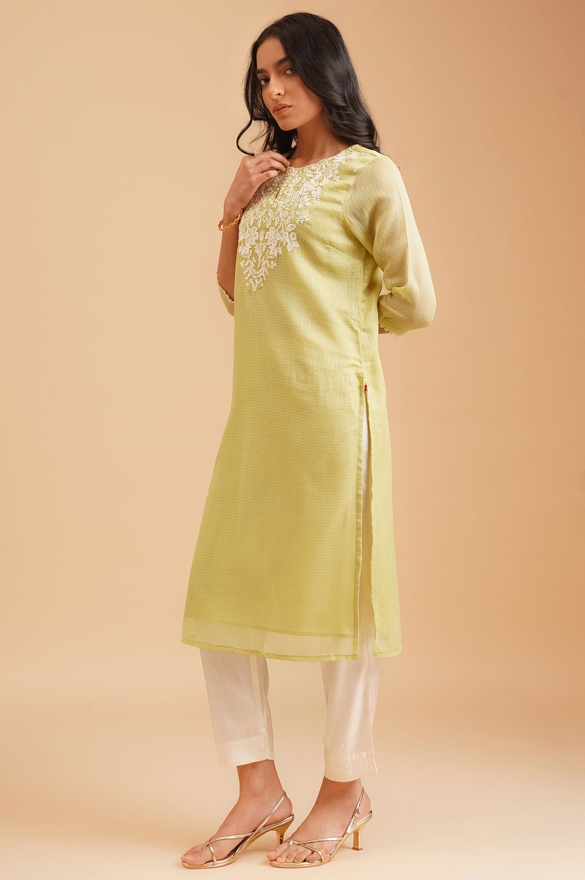 Lime Green Embroidered Kota Straight Kurta