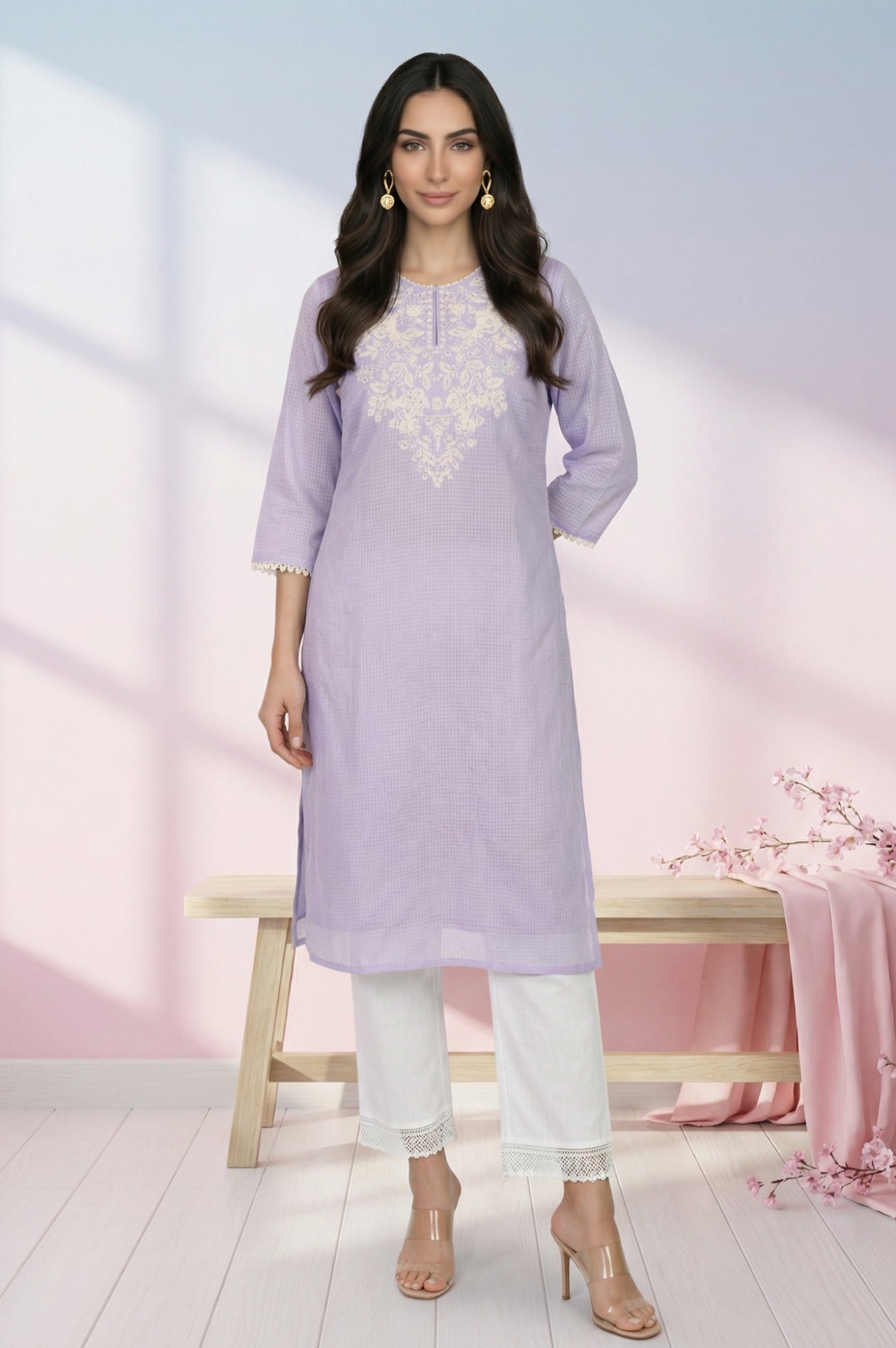 Lavender Thread Embroidered Kota Straight Kurta