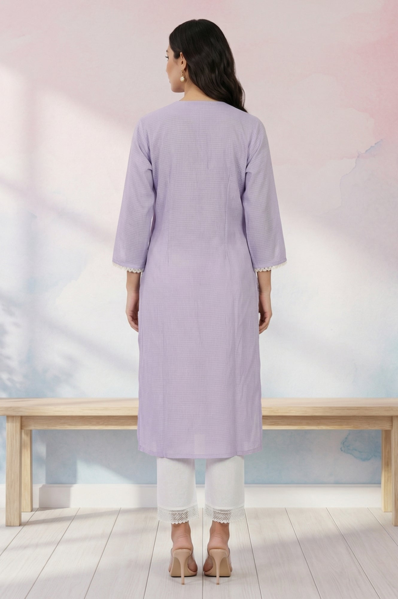 Lavender Thread Embroidered Kota Straight Kurta