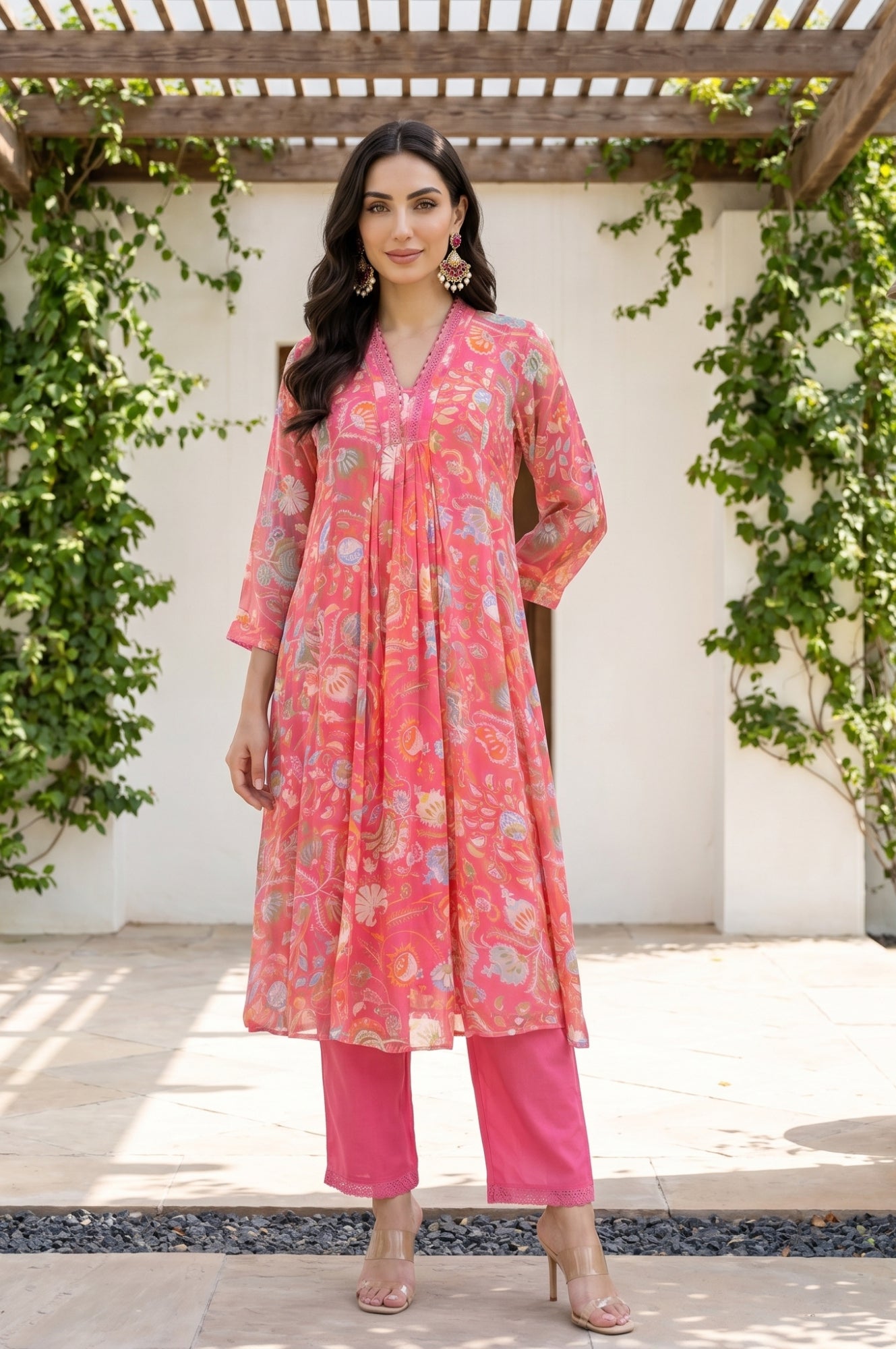Pink Floral Printed Chiffon Flared Kurta