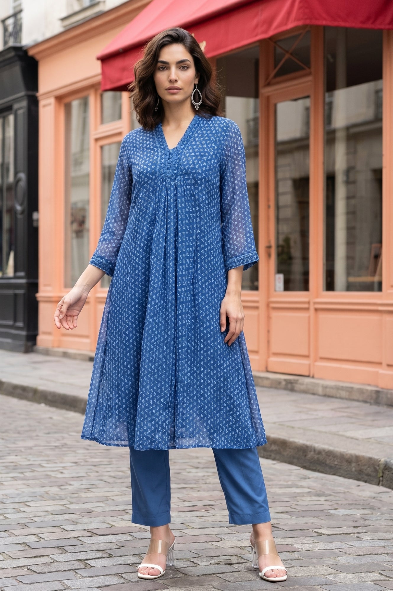 Blue Geometric Printed Chiffon Flared Kurta