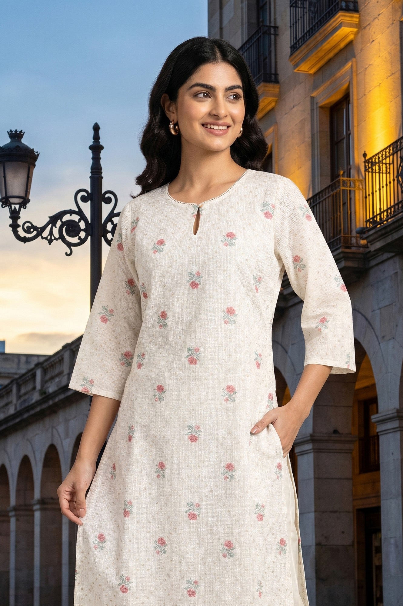 Off White Floral Printed Cotton Straight Kurta
