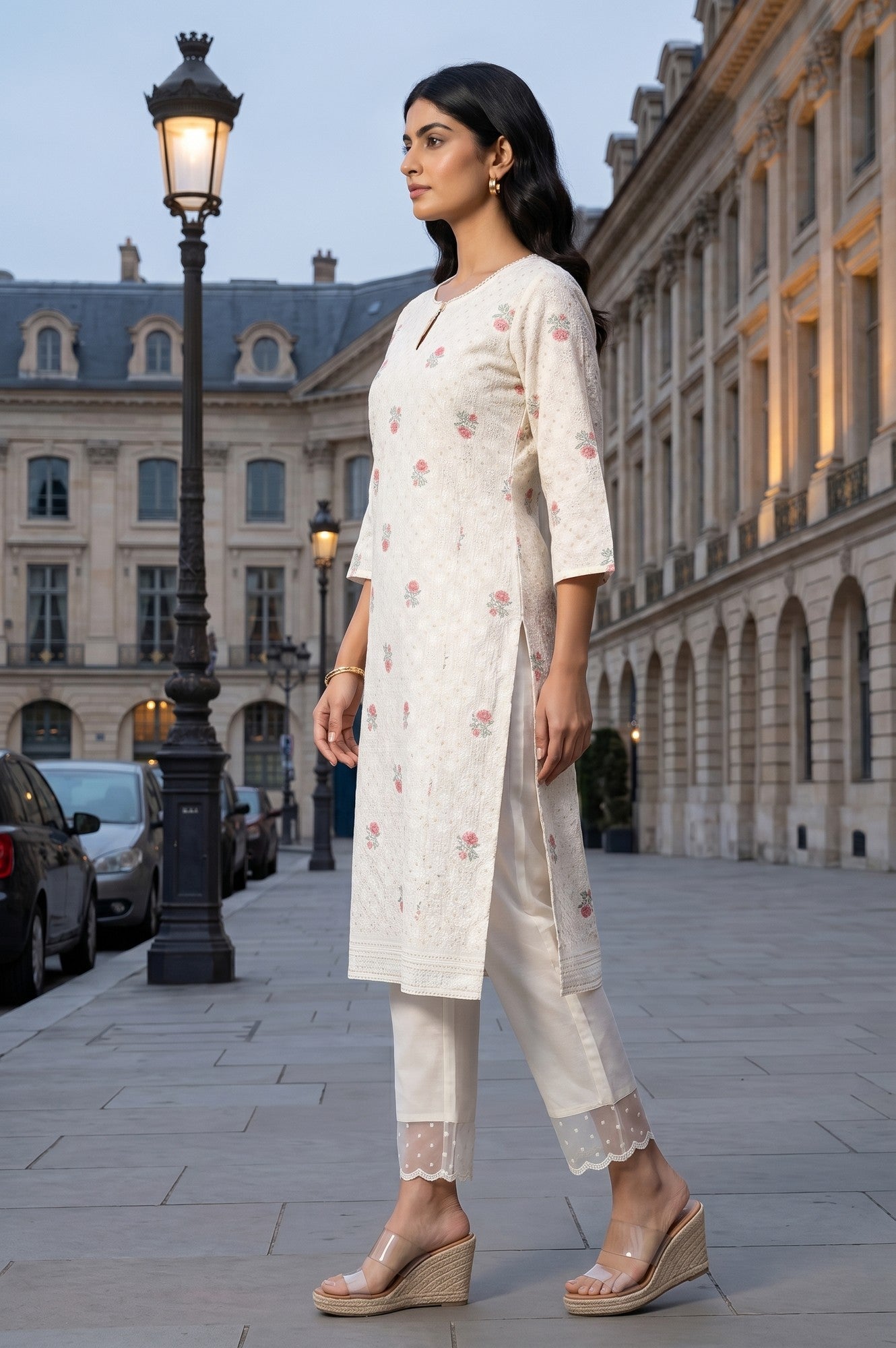 Off White Floral Printed Cotton Straight Kurta