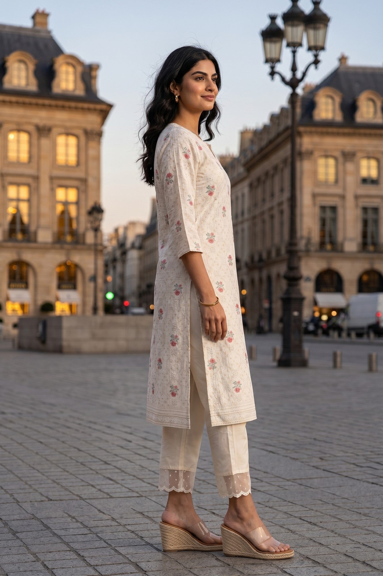 Off White Floral Printed Cotton Straight Kurta