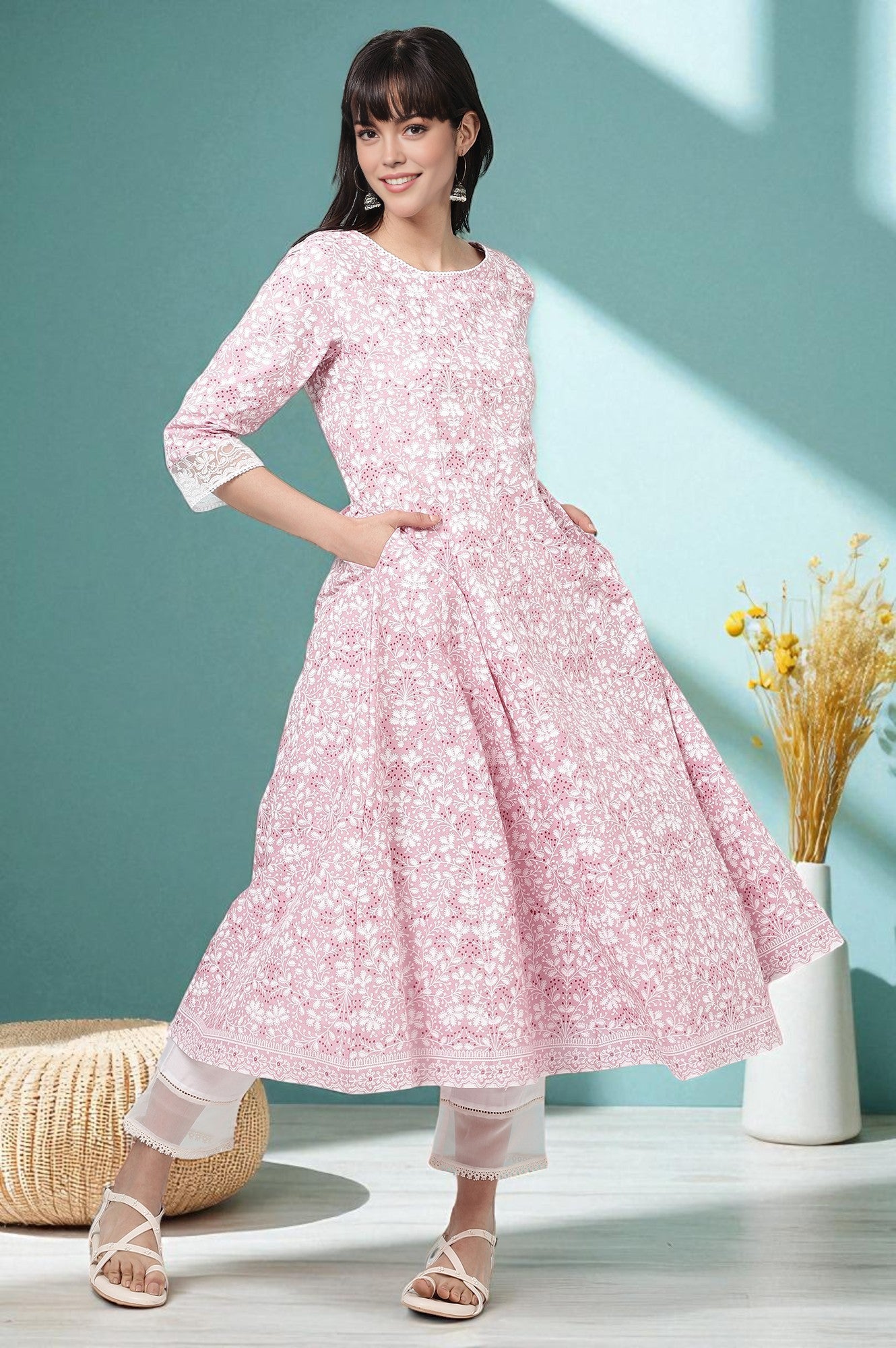 Buy Pink Floral Printed Pure Cotton Anarkali Kurta Online for Woman
