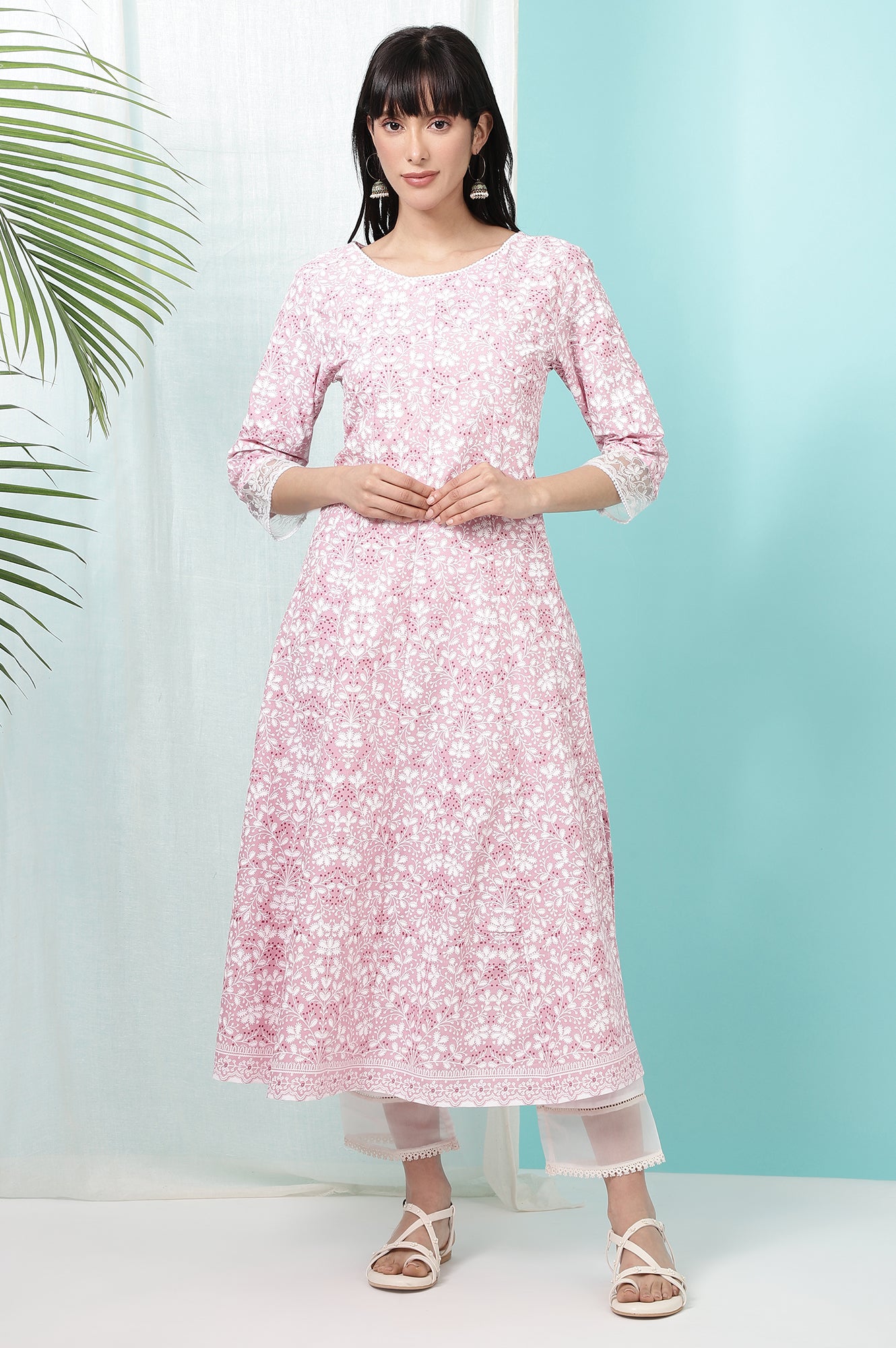 Pink Floral Printed Pure Cotton Anarkali Kurta