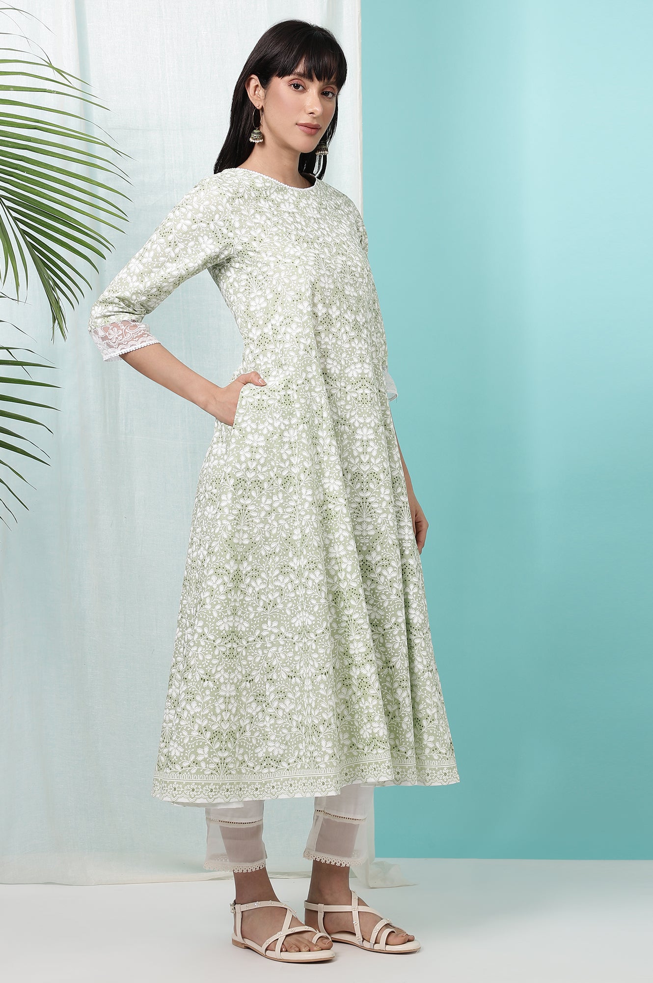 Green Floral Printed Pure Cotton Anarkali Kurta