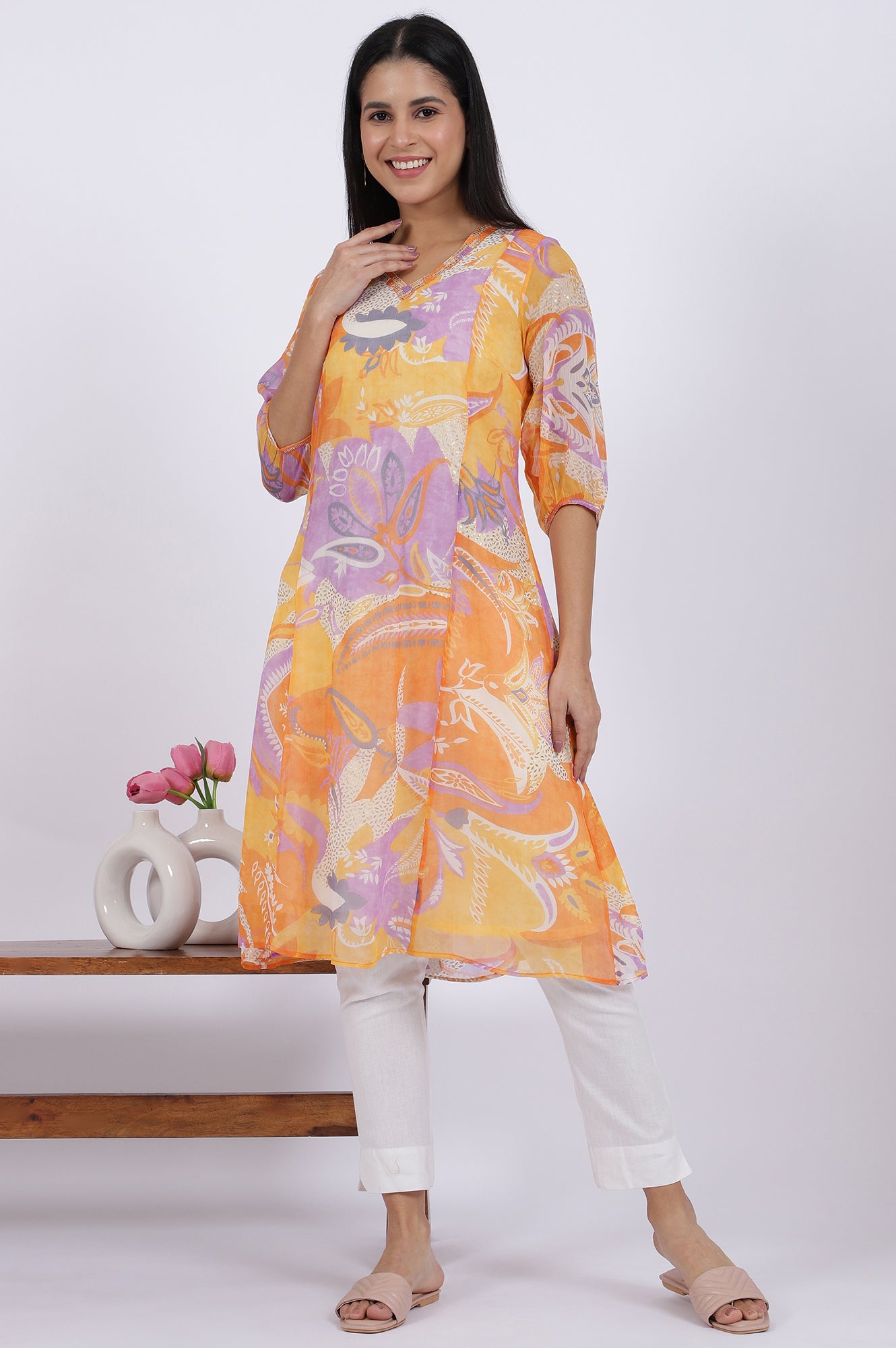 Orange Printed A-Line Chiffon Kurta