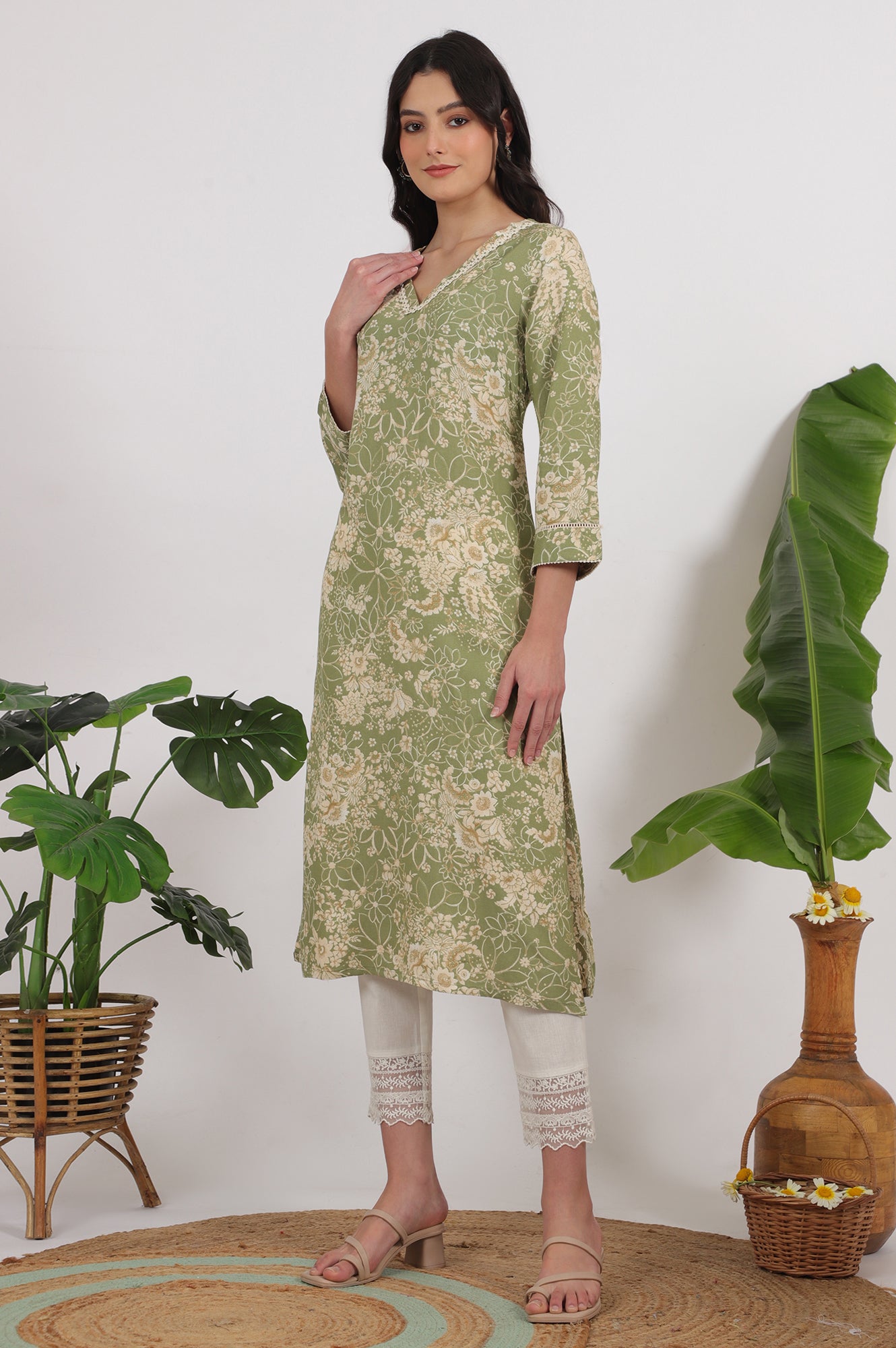 Sage Green Floral Printed Rayon Flax Straight Kurta with Lace