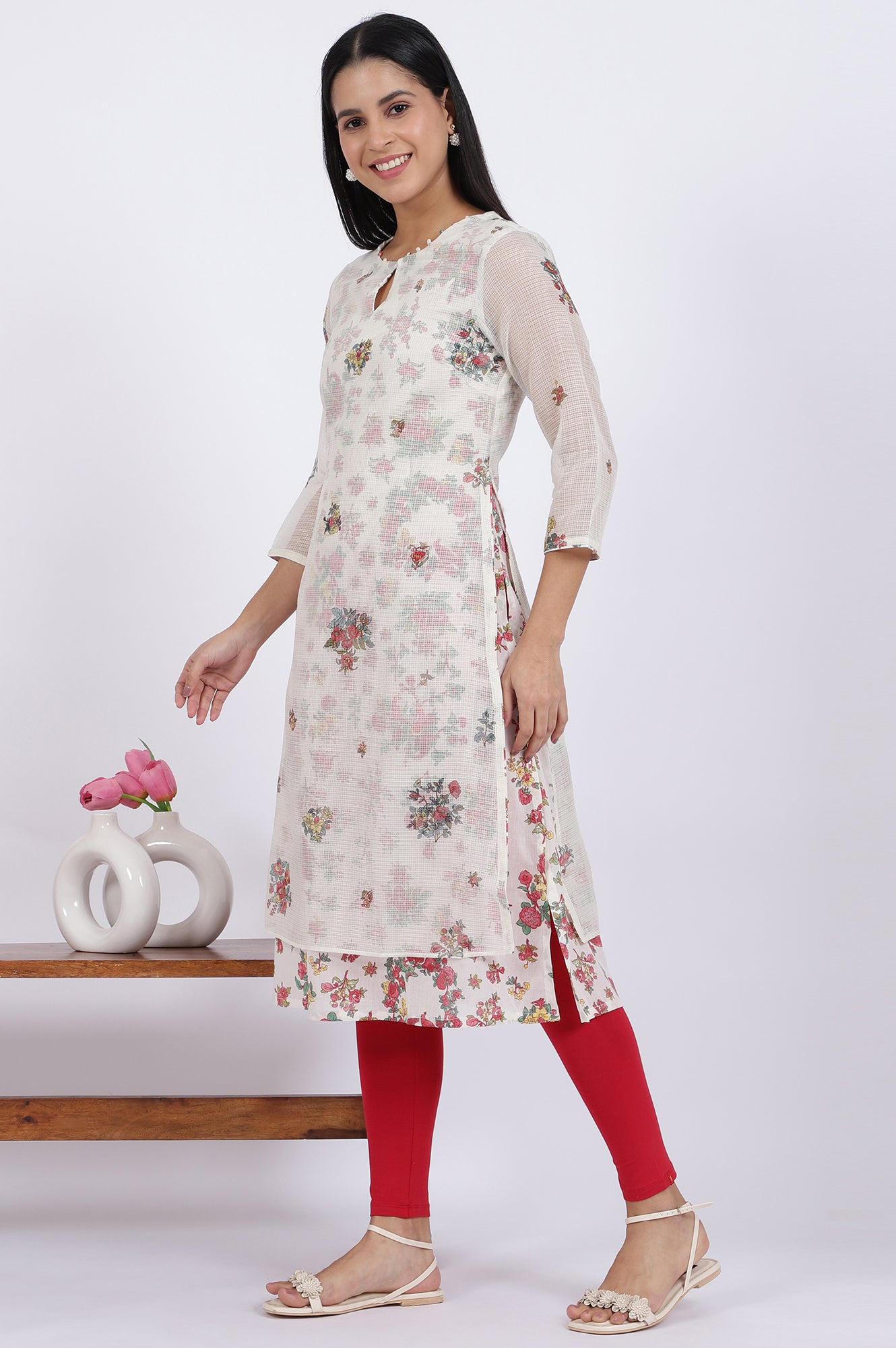 White Floral Printed Straight Polyester Kurta