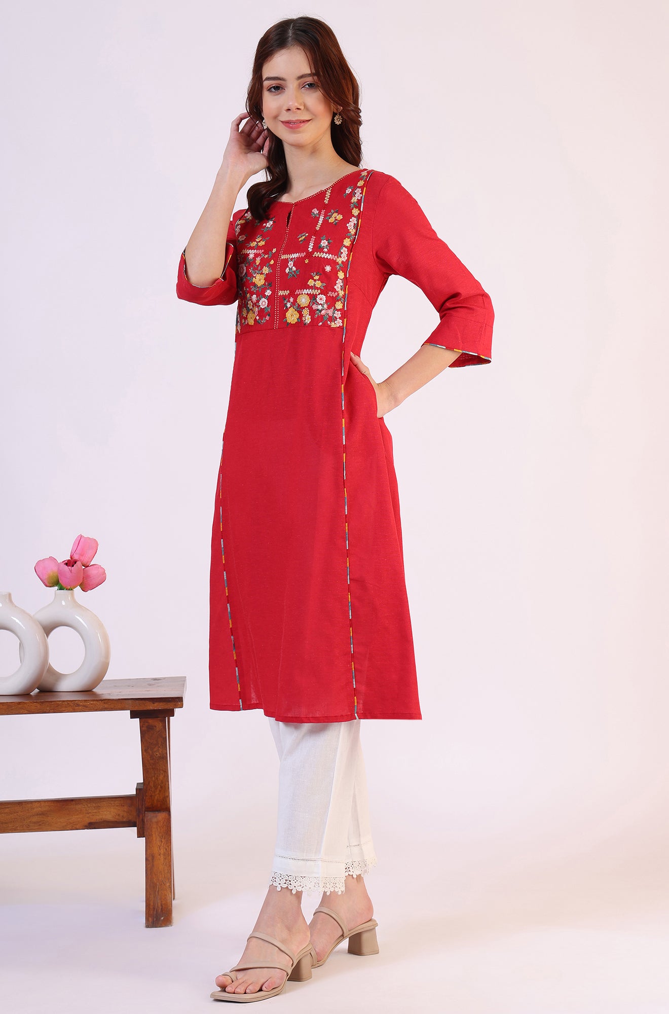 Red Solid A-Line Rayon Kurta