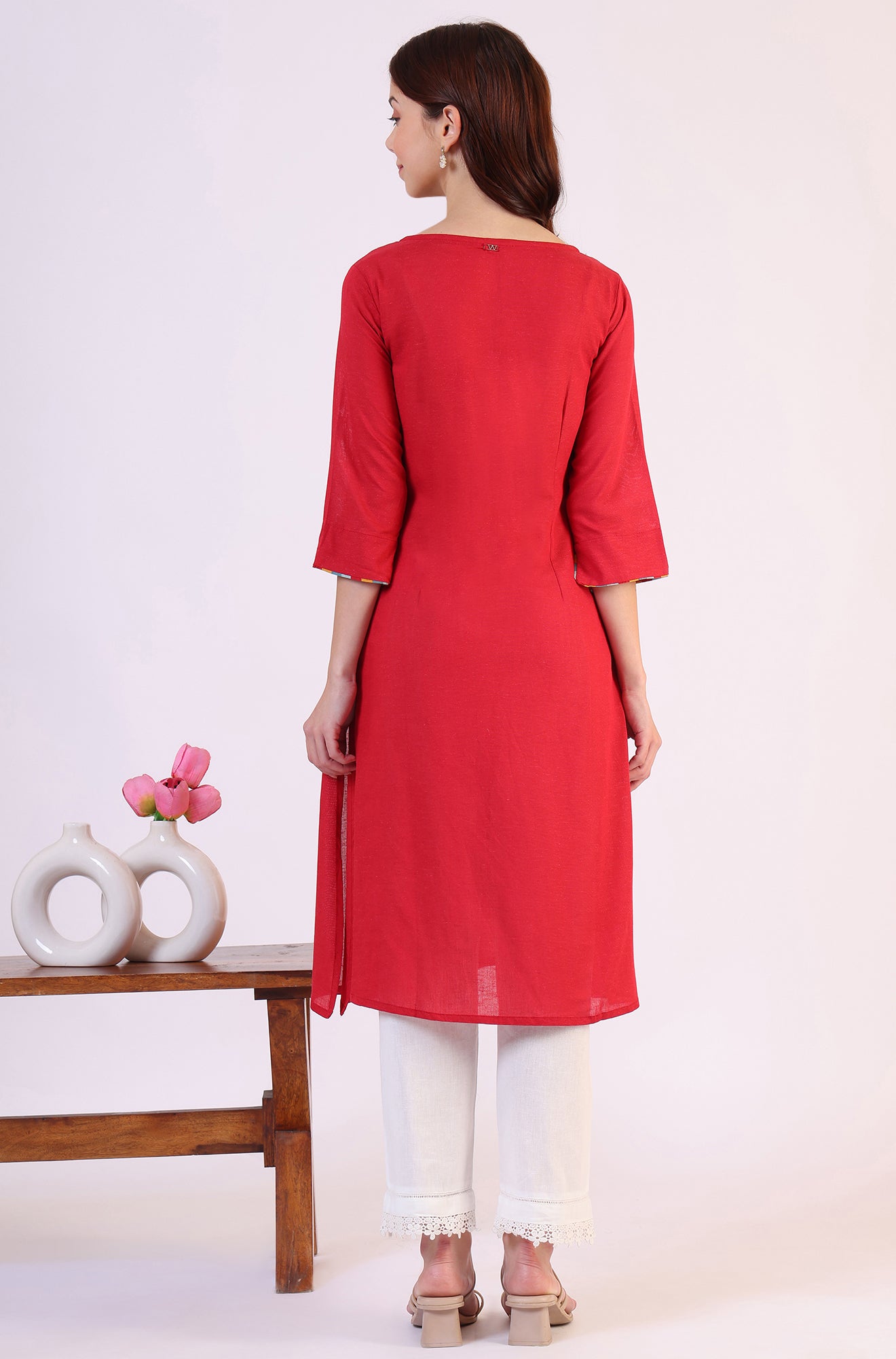 Red Solid A-Line Rayon Kurta