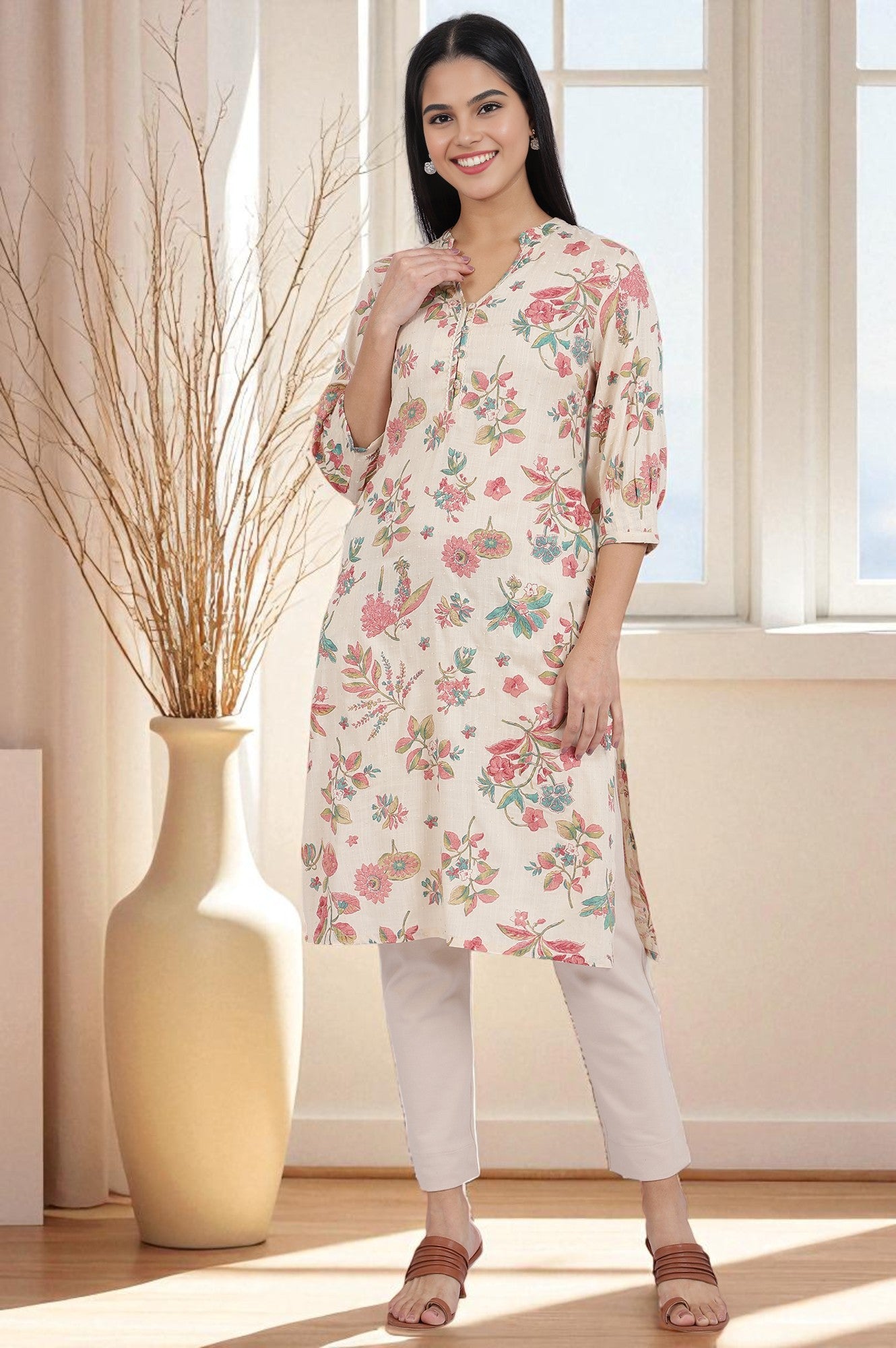 Floral Printed Straight Viscose Kurta