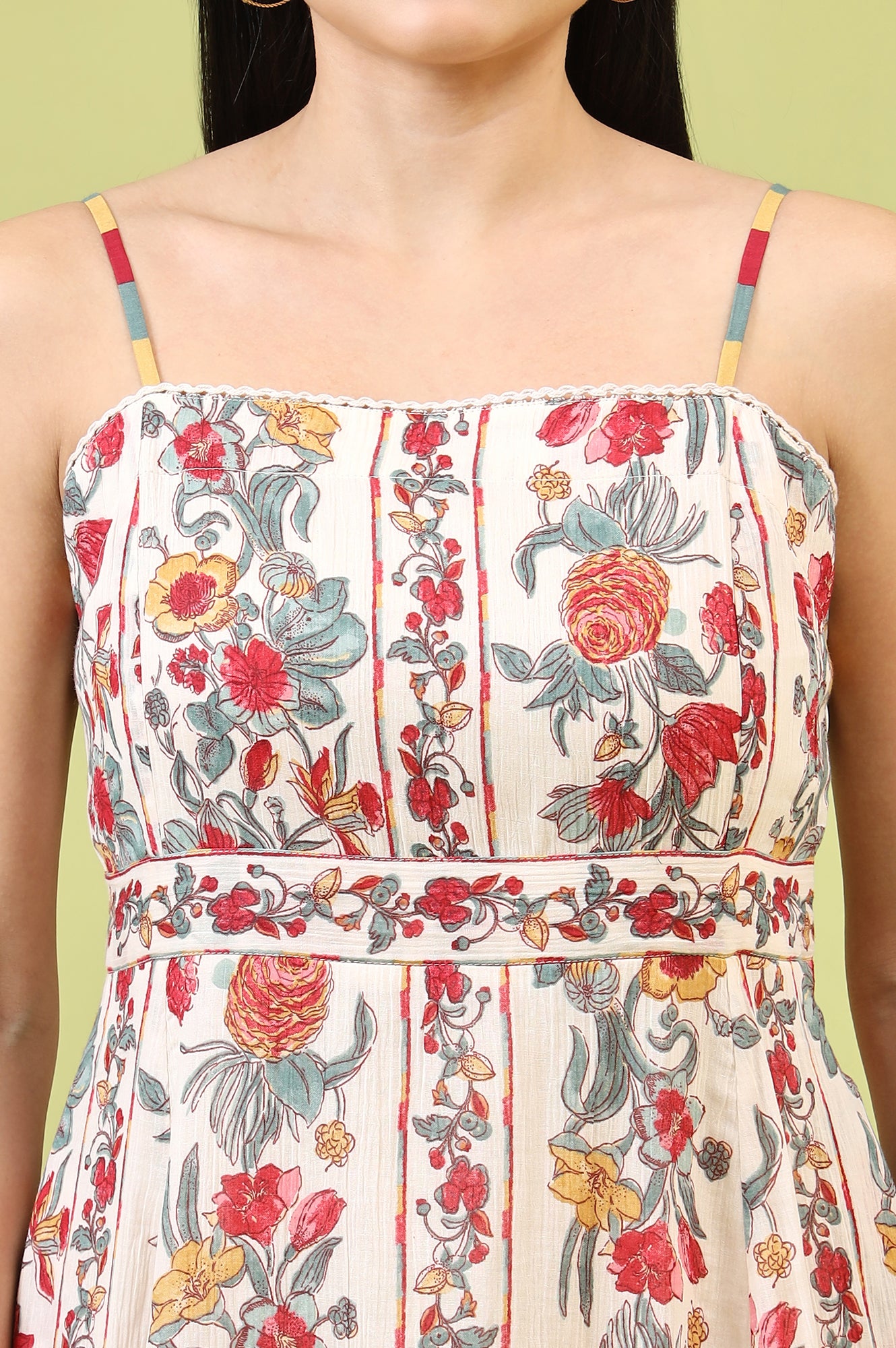 Off-White Vibrant Floral Printed Pure Cotton Flared Spaghetti Dress